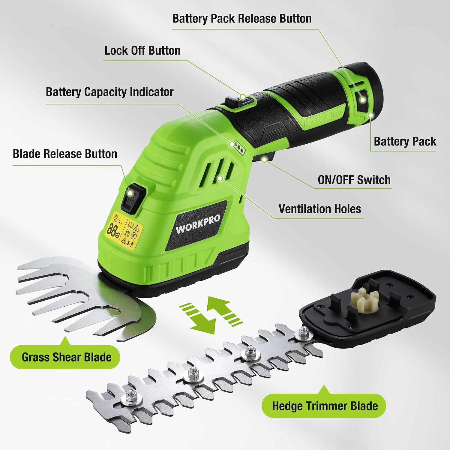 Detalle de WORKPRO 2-in-1 Cordless Hedge Trimmer and Grass Shear (12 V) with 2 Interchangeable Blades