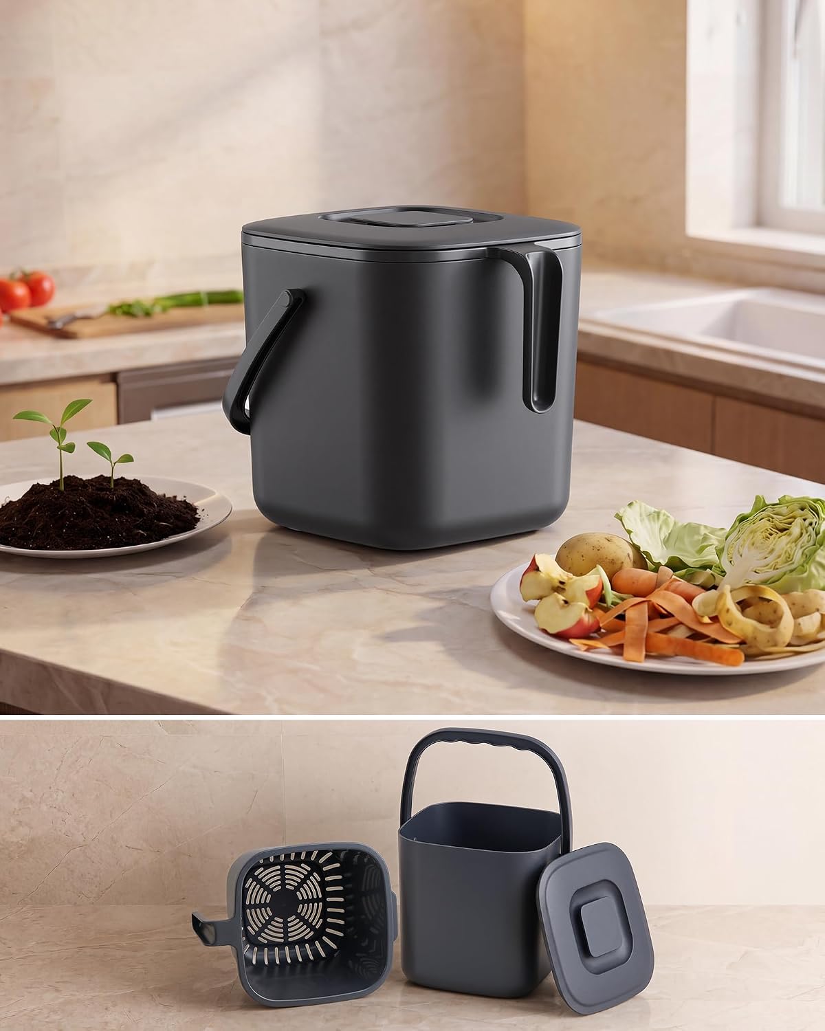 Detalle de SONGMICS LTB214GZ01 compostbakje voor op het aanrecht, 4 liter