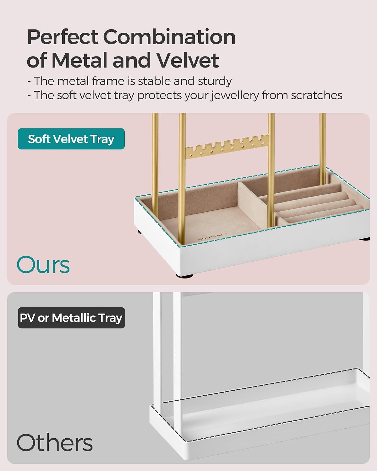 Thumbnail 4 de SONGMICS JJS021A01 Jewellery Stand – metal frame velvet tray organiser for earrings, bracelets and long necklaces