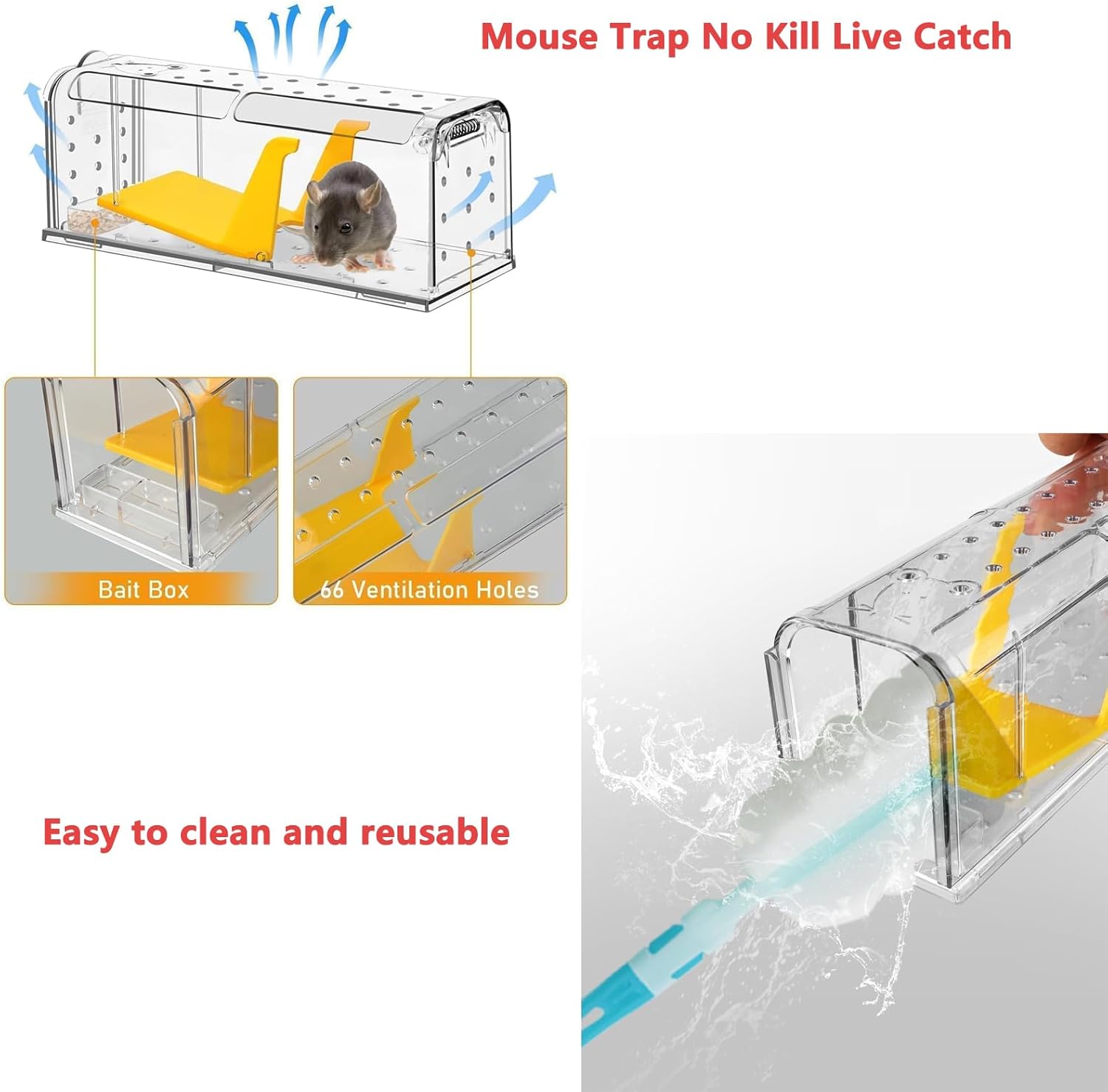 Detalle de 2 Pack Humane Mouse Traps for Indoors No Kill Live Catch – Pets & Children Friendly, Reusable with Cleaning Brush