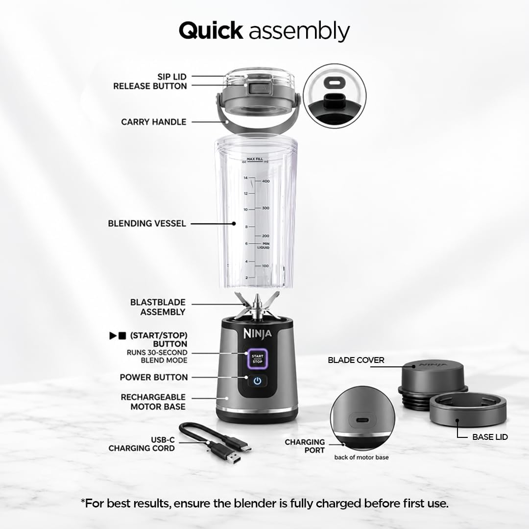 Detalle 2 de Ninja BC151PR Blast Portable Blender, Cordless 18 oz. Passion Fruit