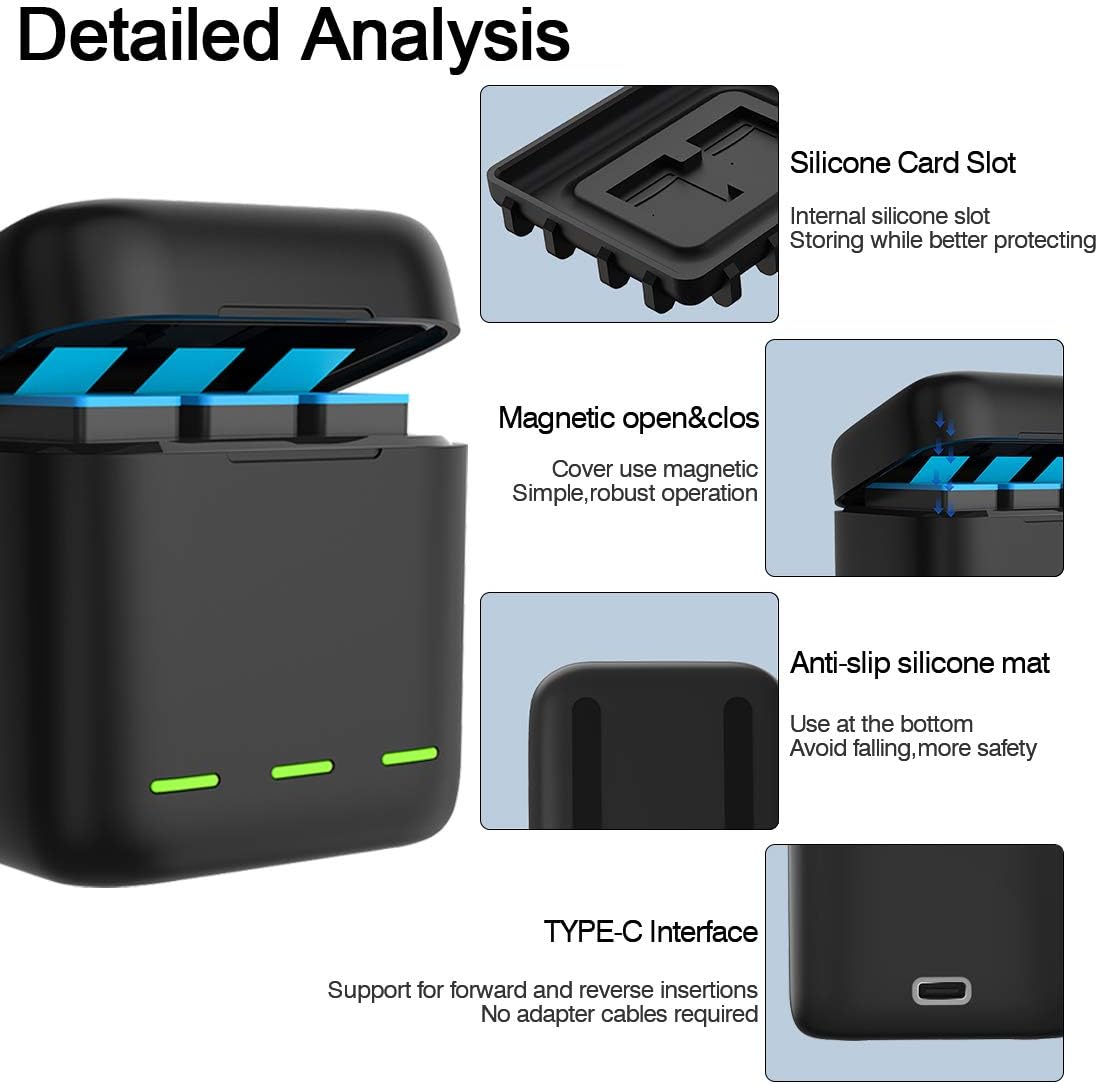 Detalle 2 de Jeebel batterijlader voor GoPro HERO 9/10/11/12 Black, 3 accu’s, 2,4 A