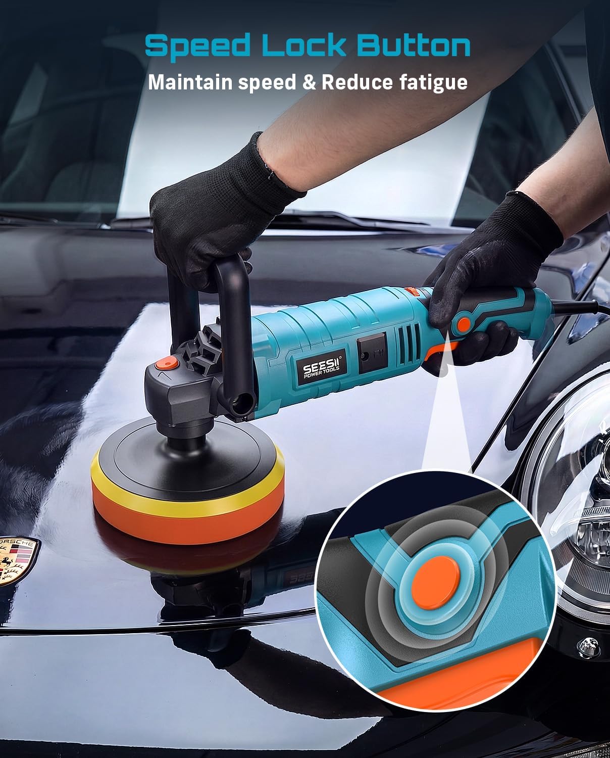 Detalle de SEESII TS512 Rotary Car Buffer Polisher, 1600W, 7 Speeds, 6/7-Inch Pads