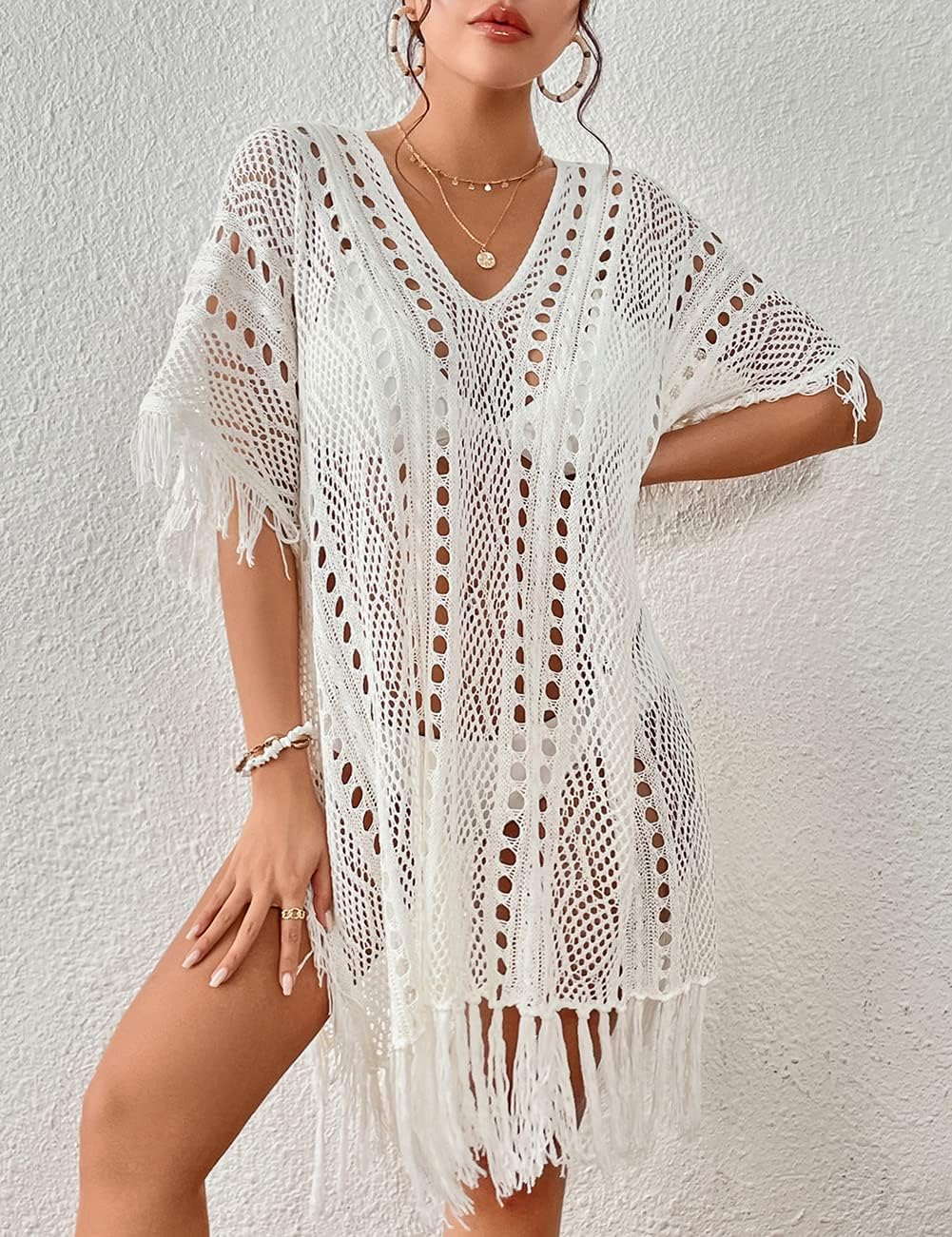 Thumbnail 1 de Bsubseach crochet cover up summer bikini beach dress with tassels (one size)