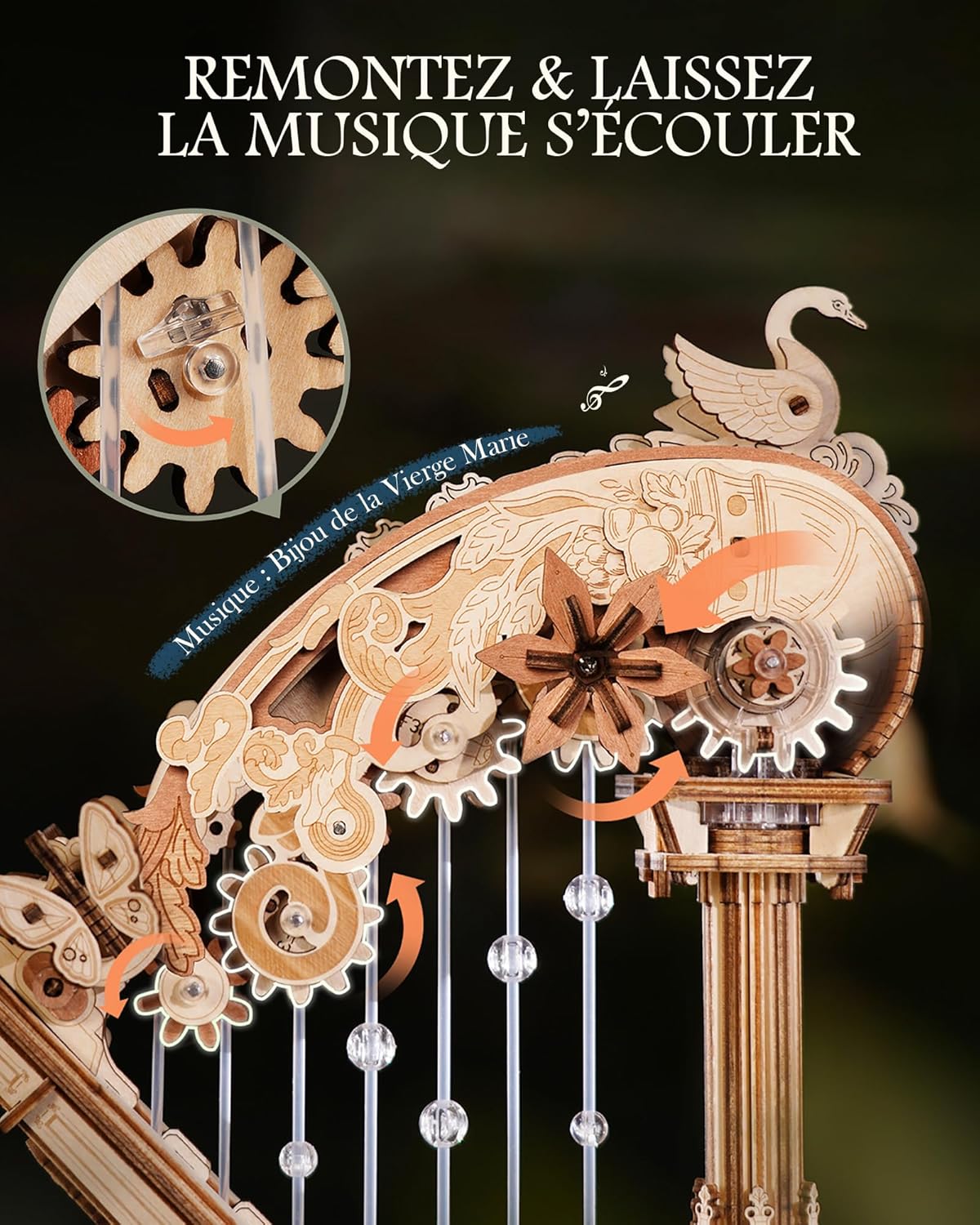 Detalle de ROKR Boîte à musique 3D en bois - Harpe magique : puzzle mécanique en bois pour adultes