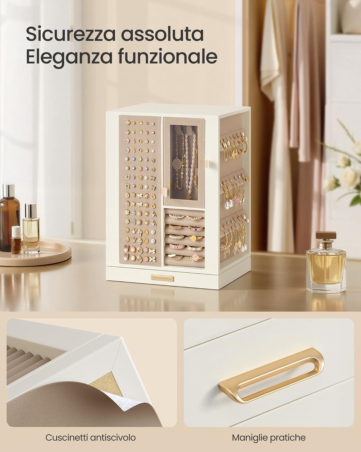 Detalle de SONGMICS Scatola Portagioie Girevole 360° JBC211WD01 — 4 Cassetti, Bianco Crema