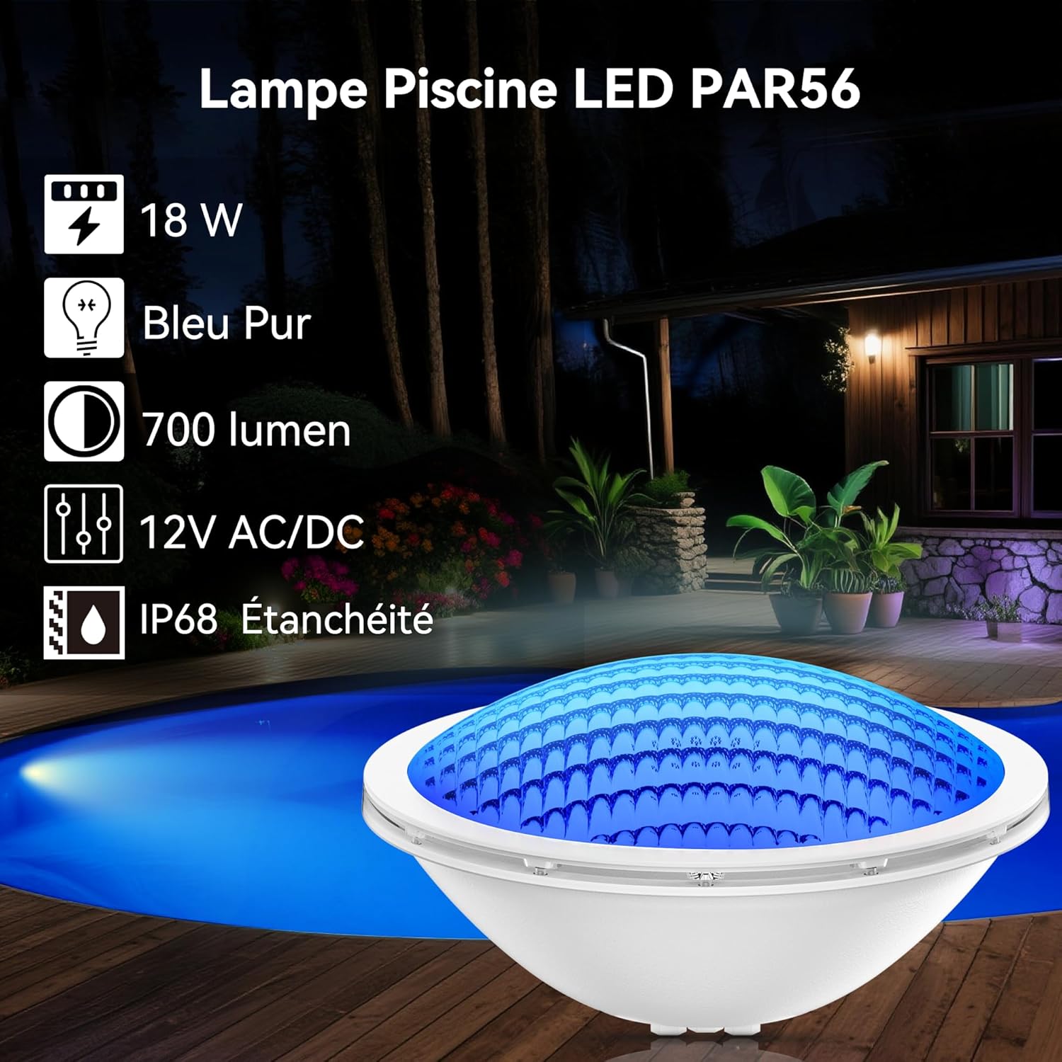 Thumbnail 1 de LyLmLe LED Piscine PAR56 18W – Projecteur bleu pur sous-marin, angle 120°, IP68, 12V