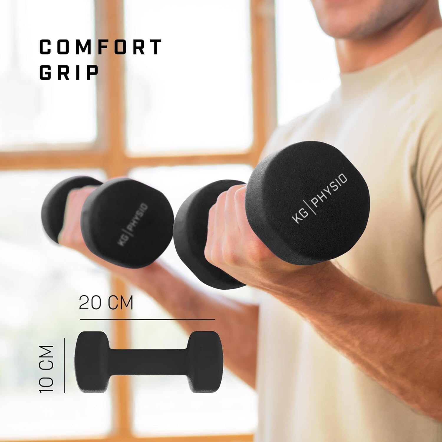 Detalle de KG PHYSIO Weights Dumbbells Set (1–10 kg) – Neoprene-Coated Anti-Roll Dumbbell Pair with A3 Exercise Poster
