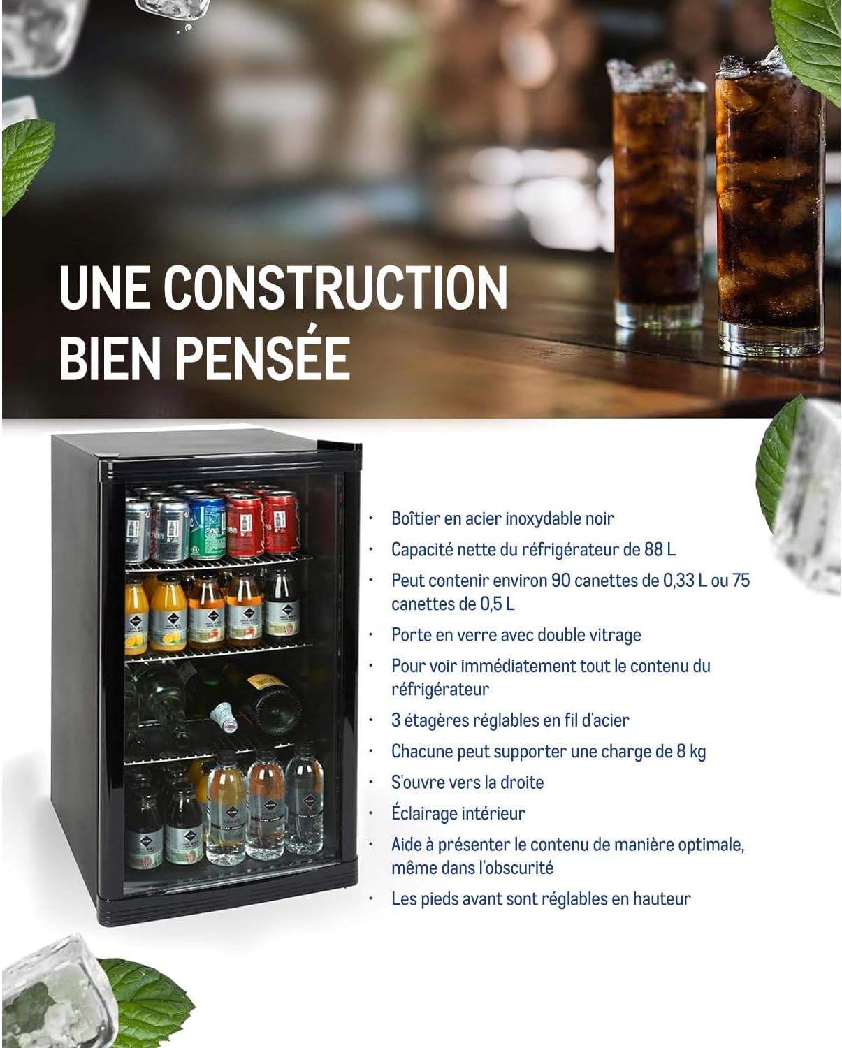 Detalle de METRO Professional Réfrigérateur à boissons GPC1088 – 88 L, noir, 43 x 49 x 83 cm