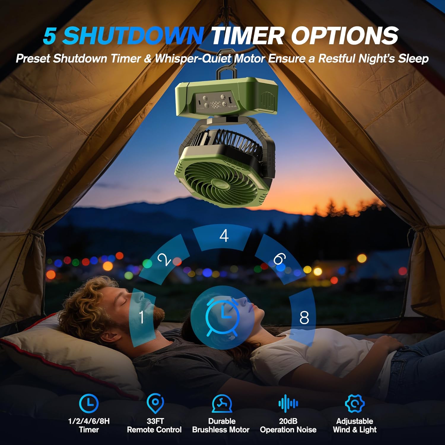 Detalle 2 de kejector Camping Fan with Led Light 24000mAh – Portable Ceiling & Desk Fan