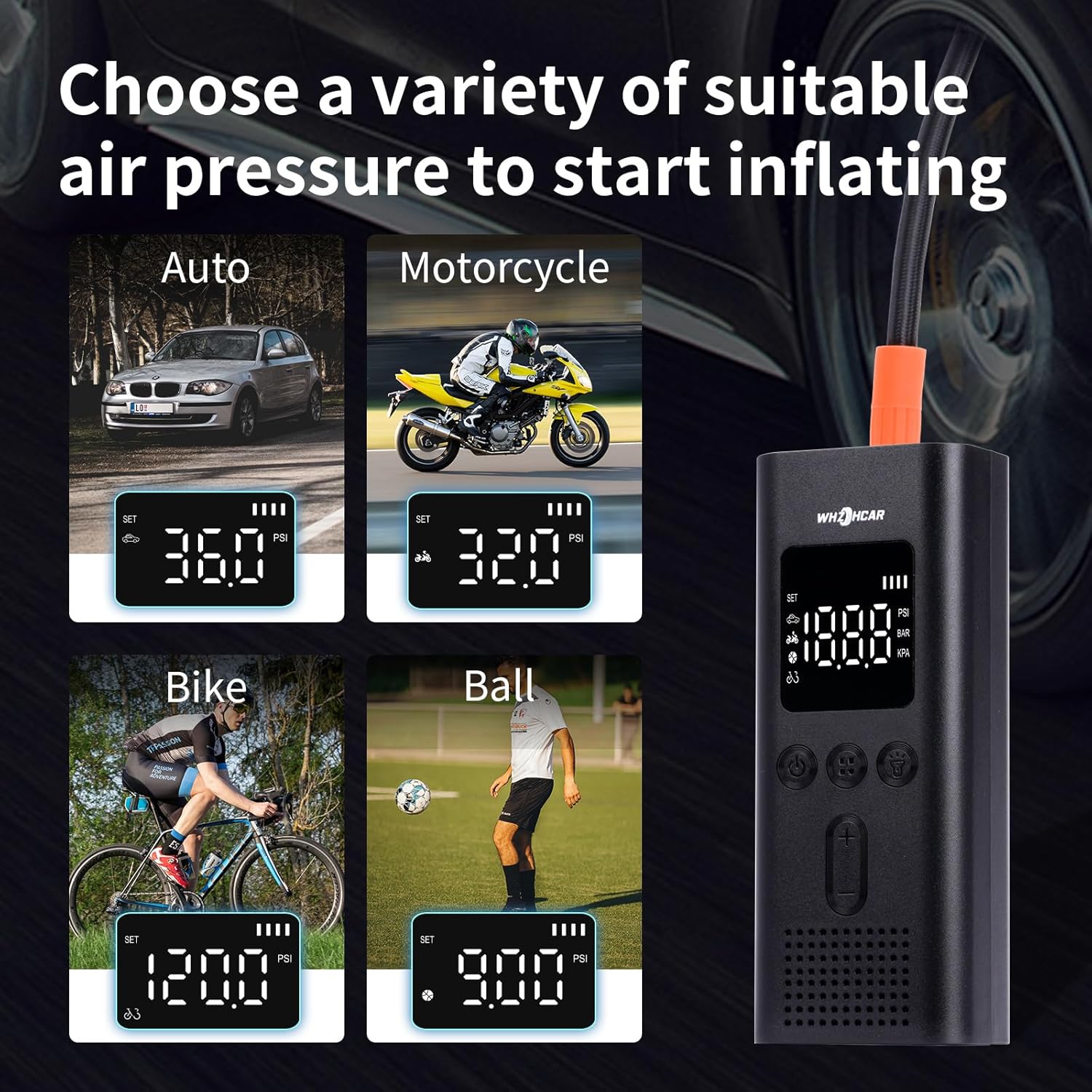 Detalle de Compresseur à Air Portatif 6000mAh – Gonfleur sans Fil 150 PSI pour voiture, moto et pneus, LED et affichage LCD