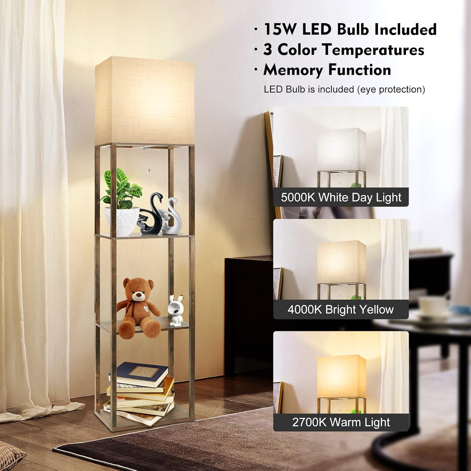 Detalle de RUNTOP Plus Floor Lamp with Shelves, 15W 3-Color LED and Memory Function