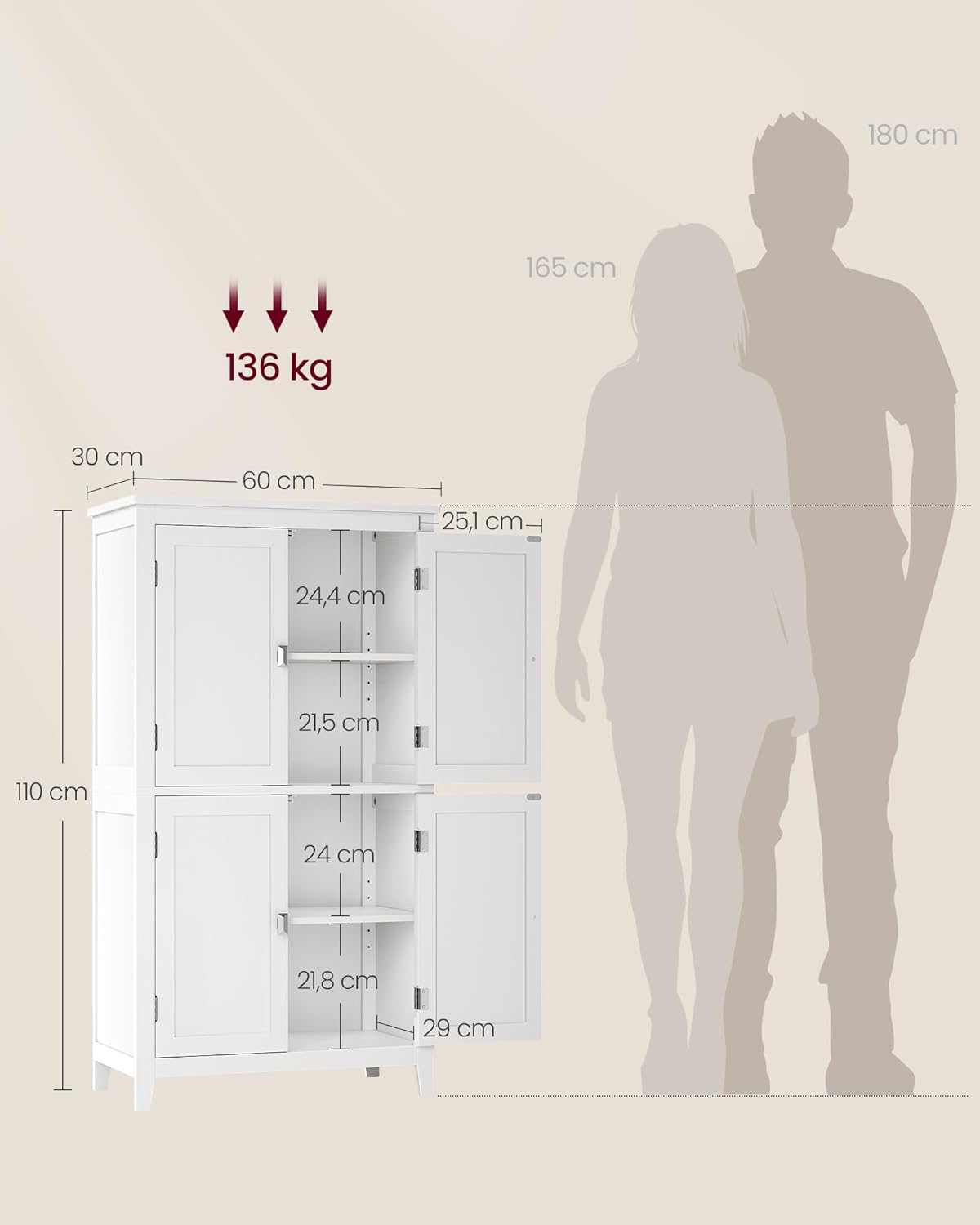 Thumbnail 2 de VASAGLE Mobile da Bagno BBC552P31: Mobiletto bianco con 2 vani e ripiani regolabili