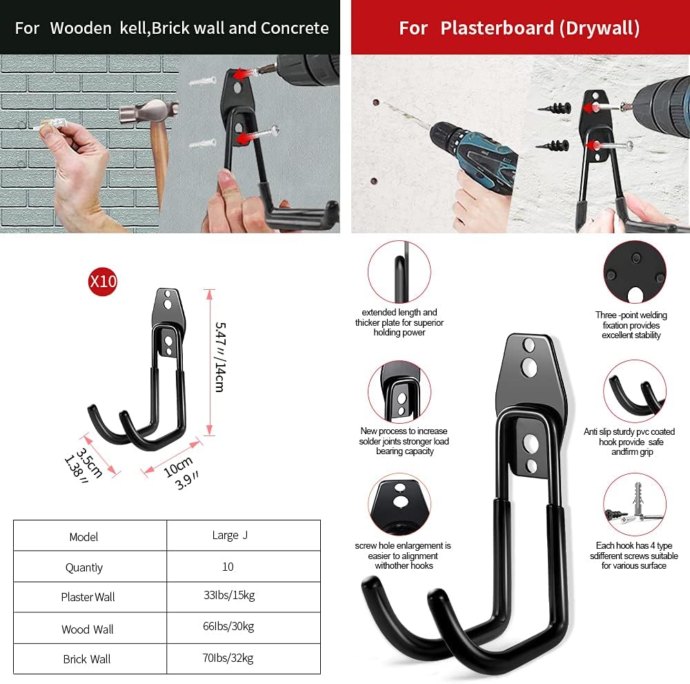 Detalle de 3-H J-M-10-S garagehaken, 10 dubbele stalen wandhaken met antislipcoating