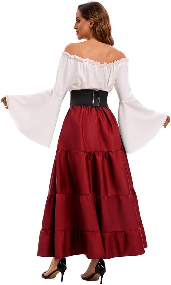 Thumbnail 2 de Feynman Robe médiévale rétro pour femme à manches trompette – robe maxi velours pour carnaval, Halloween et fêtes