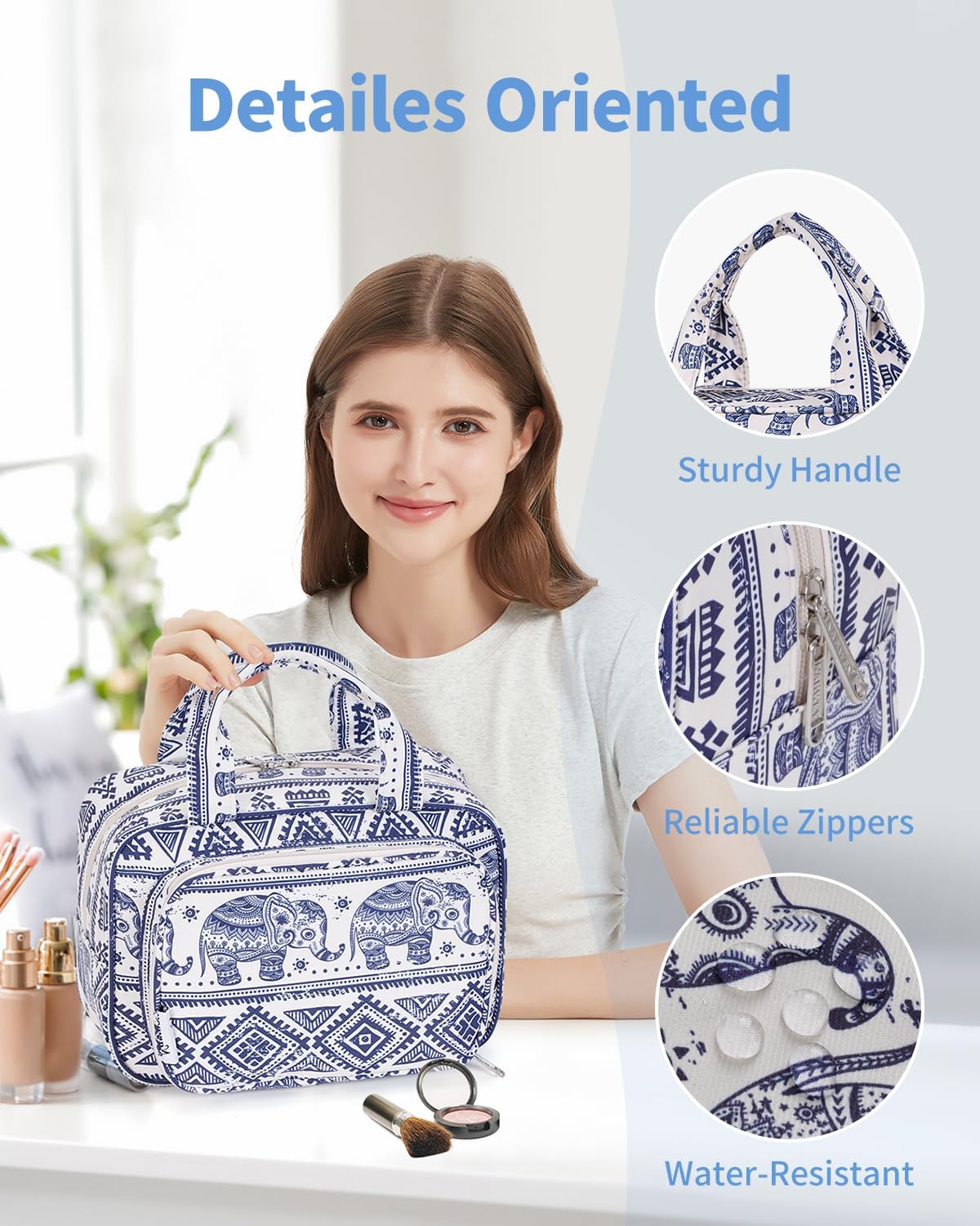 Detalle 2 de Narwey Full Size Toiletry Bag (Large) – Elephant travel wash bag with mesh pockets and waterproof section