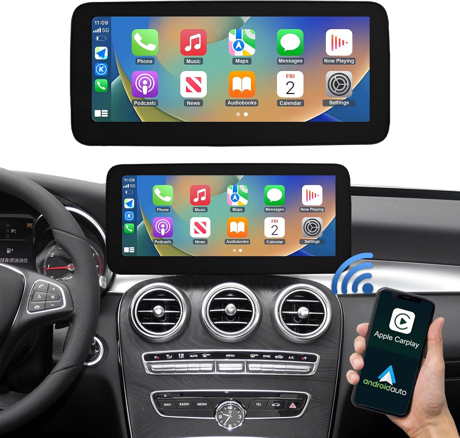 Detalle de Road Top Autoradio da 12,3” con CarPlay wireless e Android Auto wireless per Mercedes NTG5.0 (W205/W447, 2016-2018)