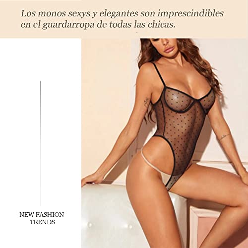 Thumbnail 2 de ROSVAY body transparente sexy de encaje con cuello en V y correas ajustables (lencería tipo babydoll) en negro, talla única
