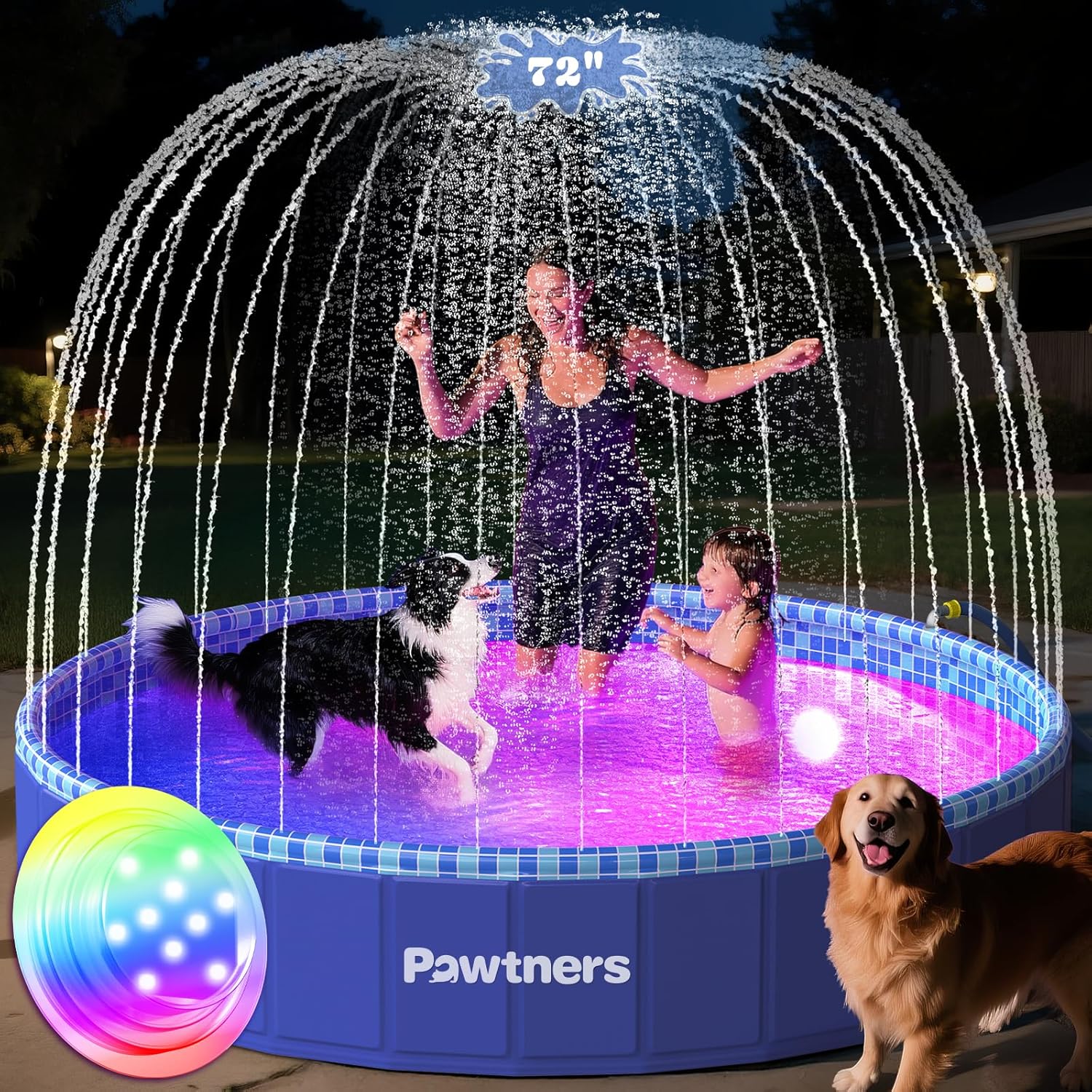 Pawtners 72'' Foldable Dog Pool for Large Dogs: 3-in-1 LED Splash Pad, Pool, and Sprinkler