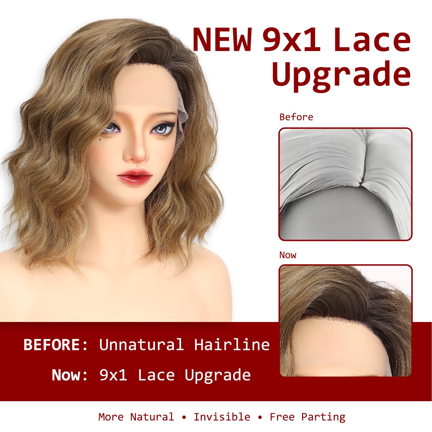 Detalle de Bkiyyi Brown Wavy Bob Wig, 14in 9x1 Lace Front, Free-Part Synthetic