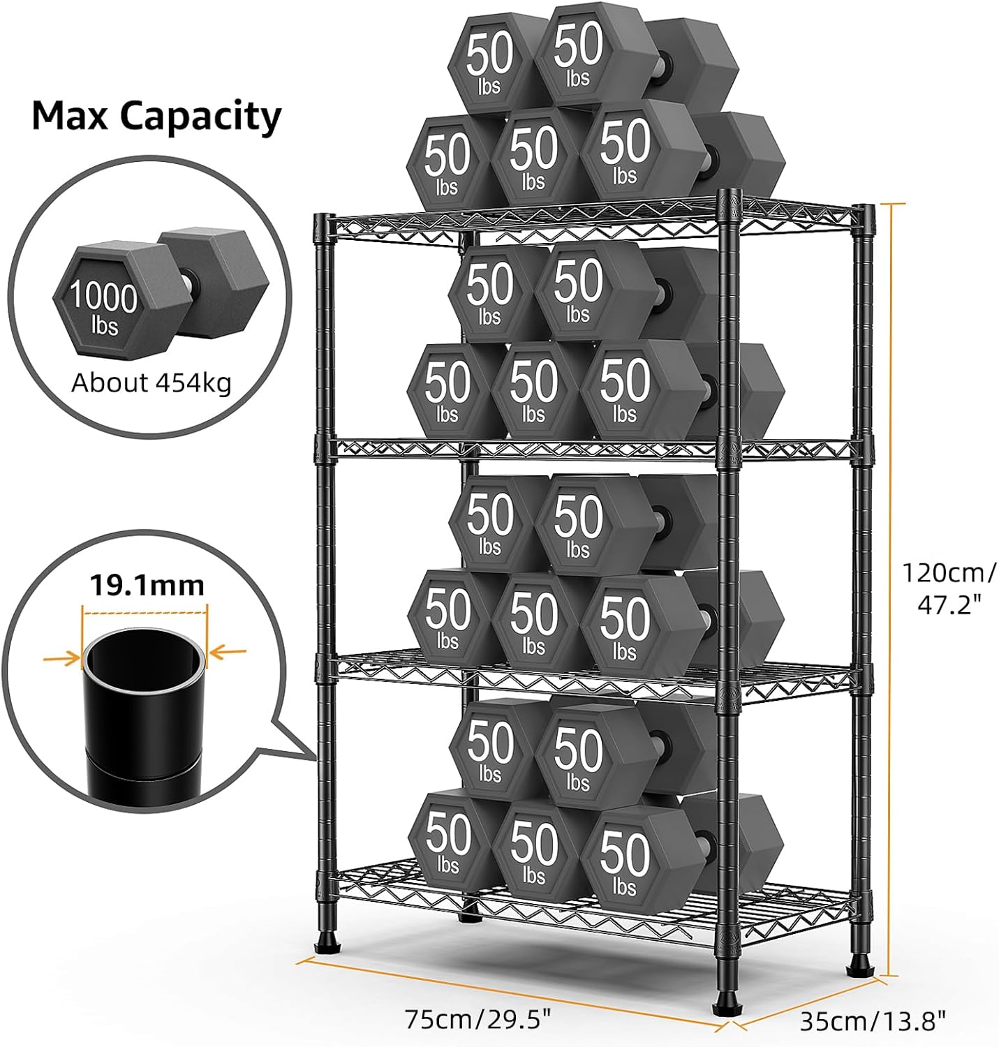 Thumbnail 2 de M MZG 1000 lbs Storage Shelving – 4-Tier Heavy Duty Steel Unit (35 × 75 × 120.7 cm)