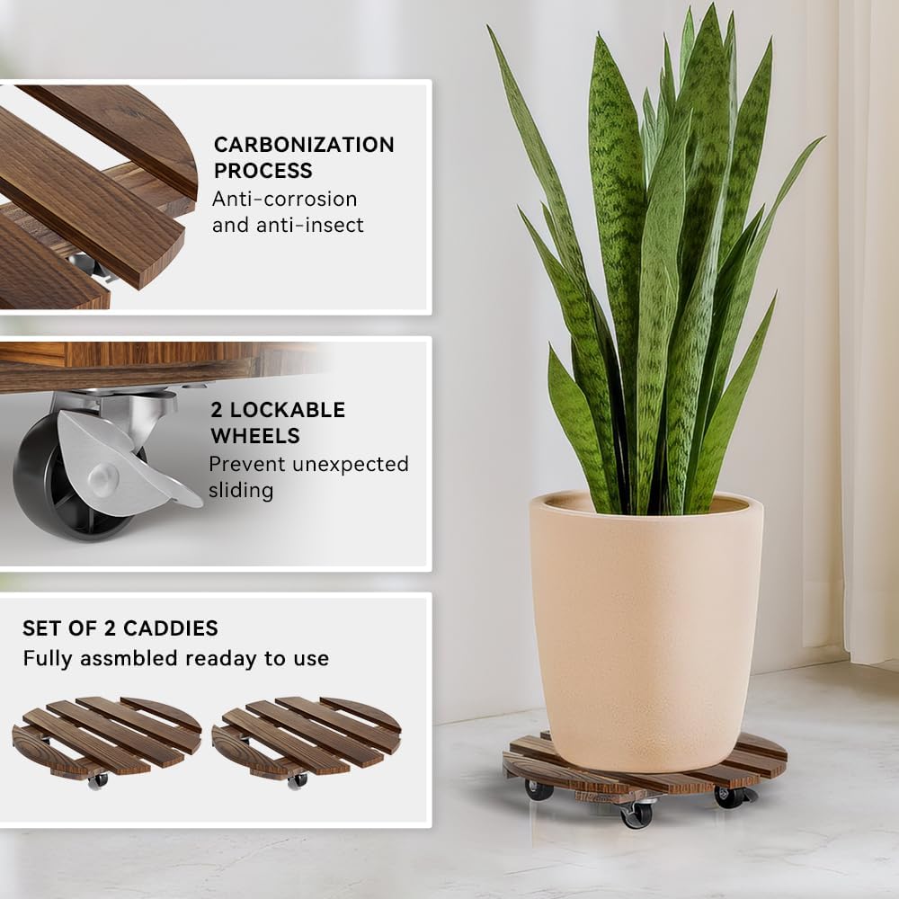 Detalle 2 de Lissomballon 12-Inch Wood Plant Caddies, 2-Pack with Locking 360° Wheels