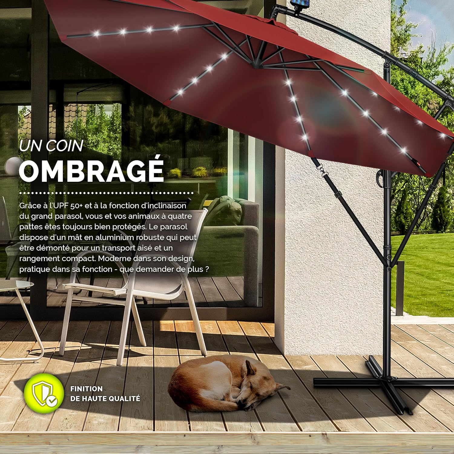 Thumbnail 6 de Tillvex Parasol déporté LED solaire hexagonal 3 m avec manivelle – ombre et lumière à utiliser dehors