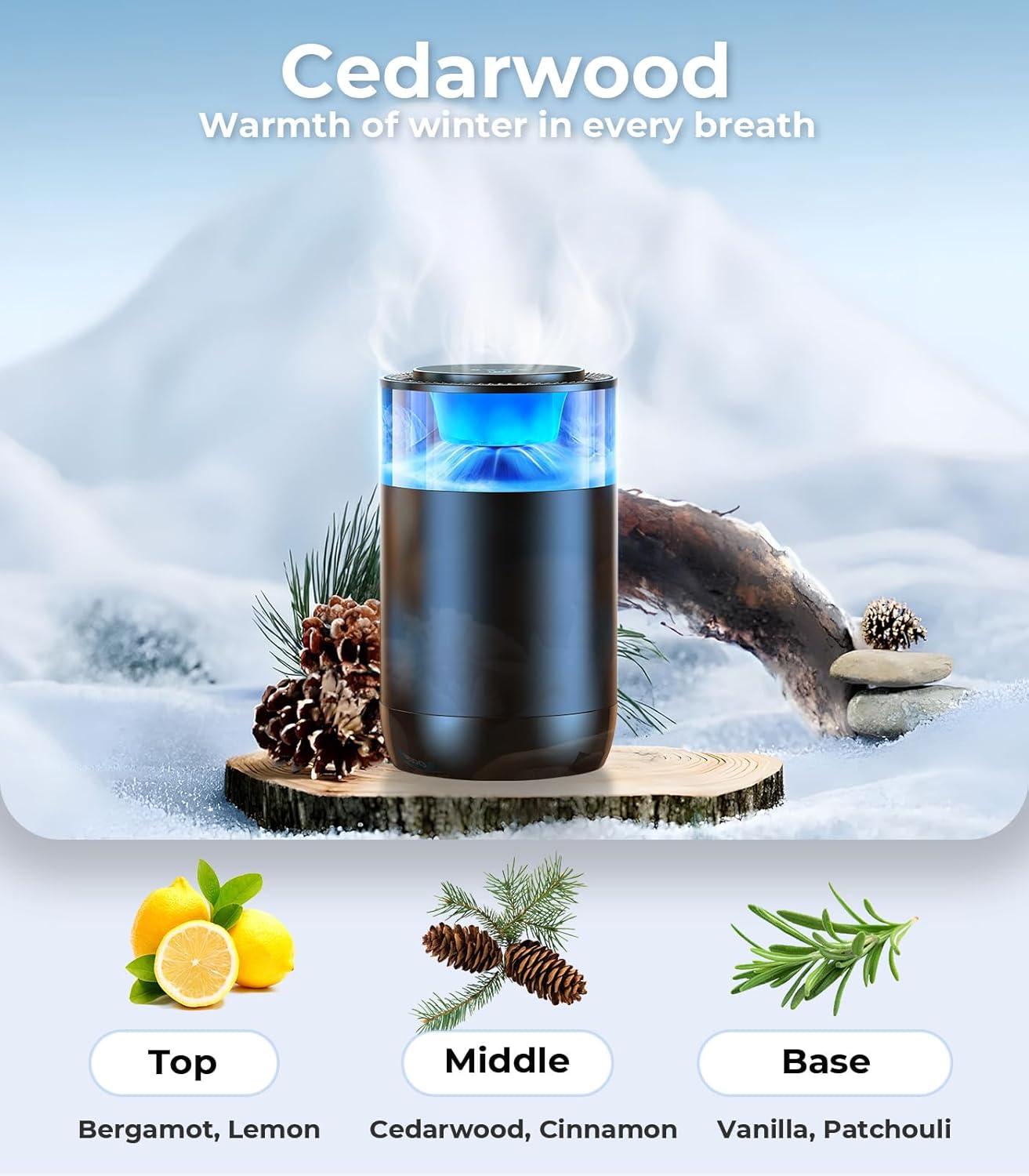 Detalle de Hitolza Smart Car Air Freshener Diffuser with Ambient Light & Auto On/Off (Cedarwood, refill set)