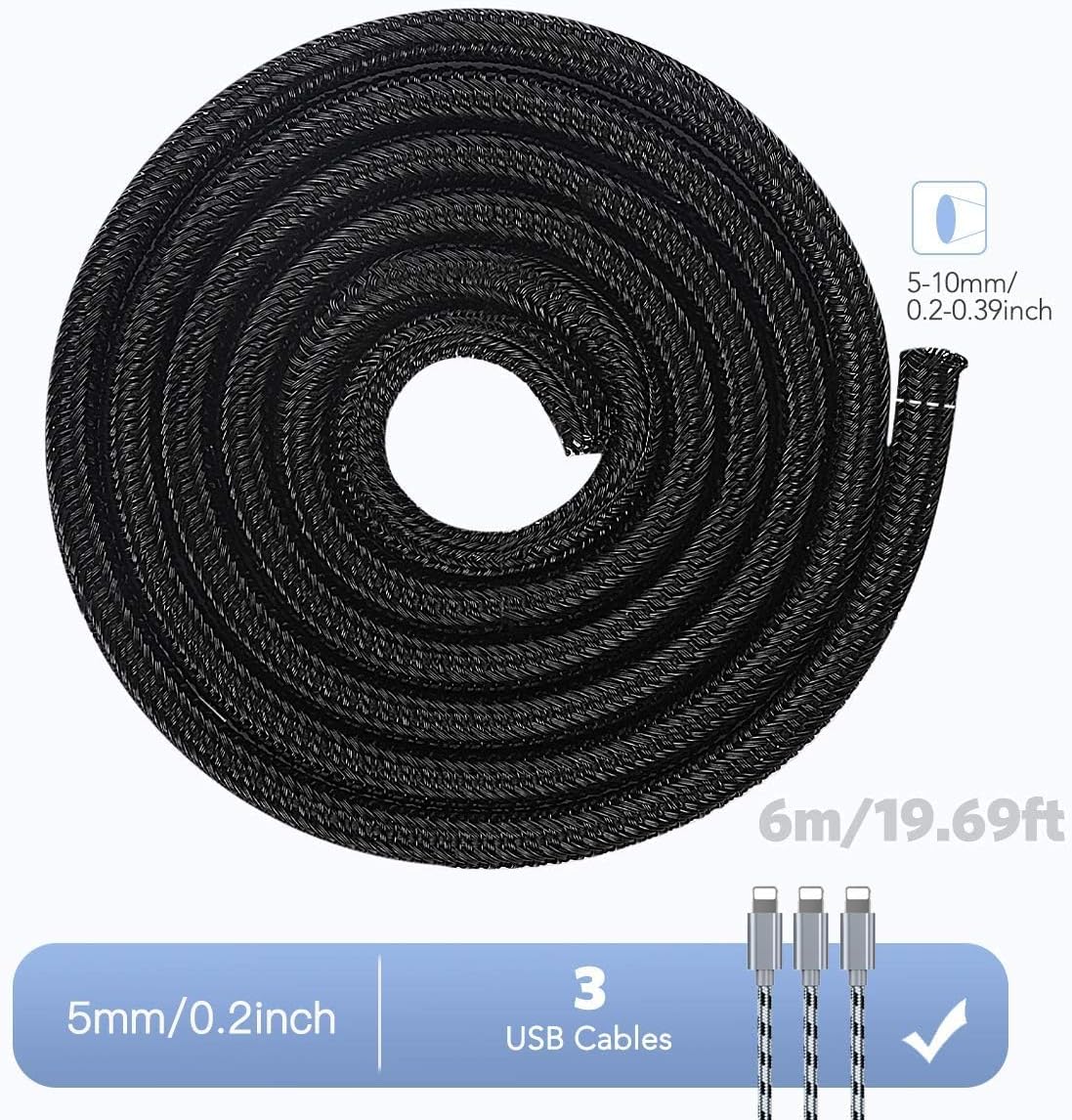 Detalle de AGPTEK 6 m Kabelschlauch (5–10 mm) mit selbstschließendem Kabelschutz und 6 Schrumpfschläuchen für Ladekabel