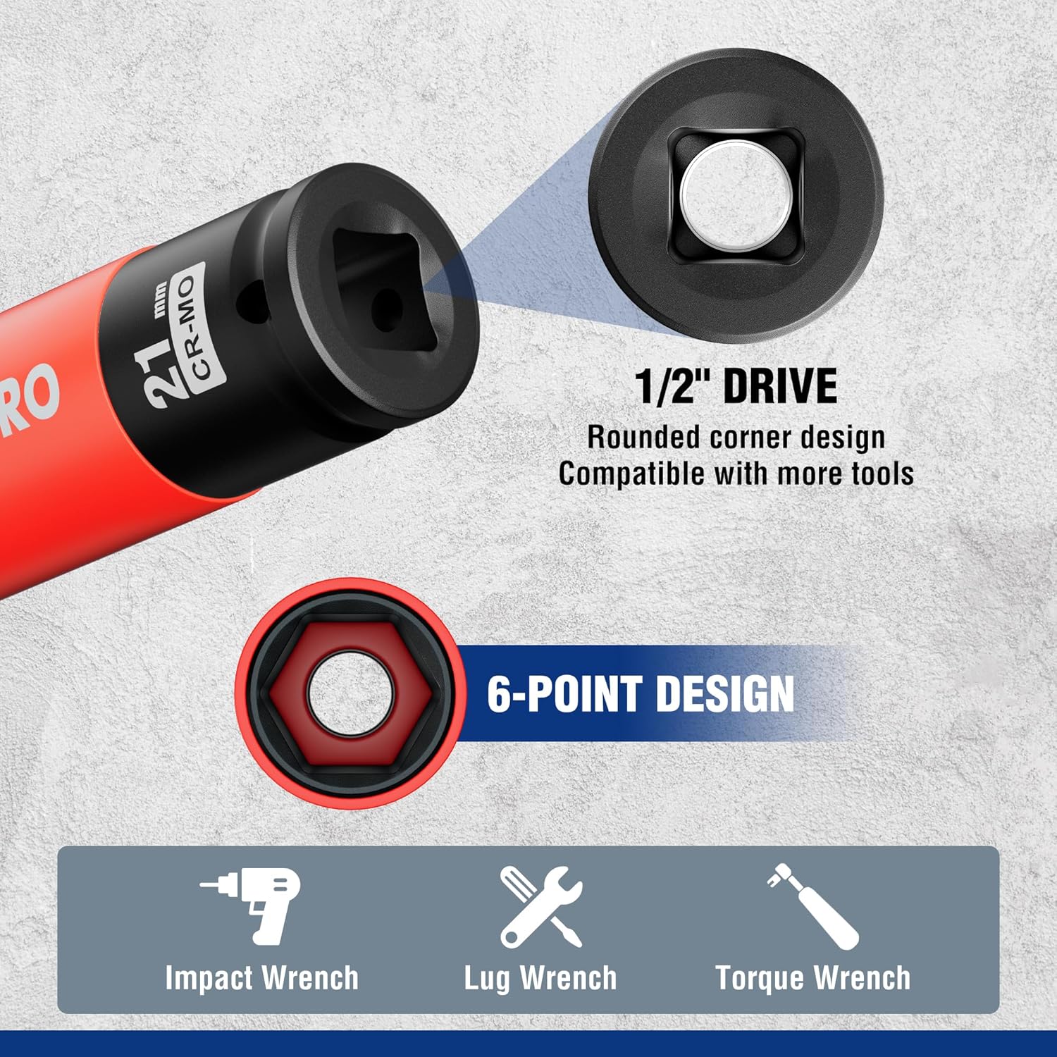 Thumbnail 4 de WORKPRO 1/2-inch Drive Thin Wall Lug Nut Impact Socket Set (17mm, 19mm, 21mm) – 3 pcs with storage case