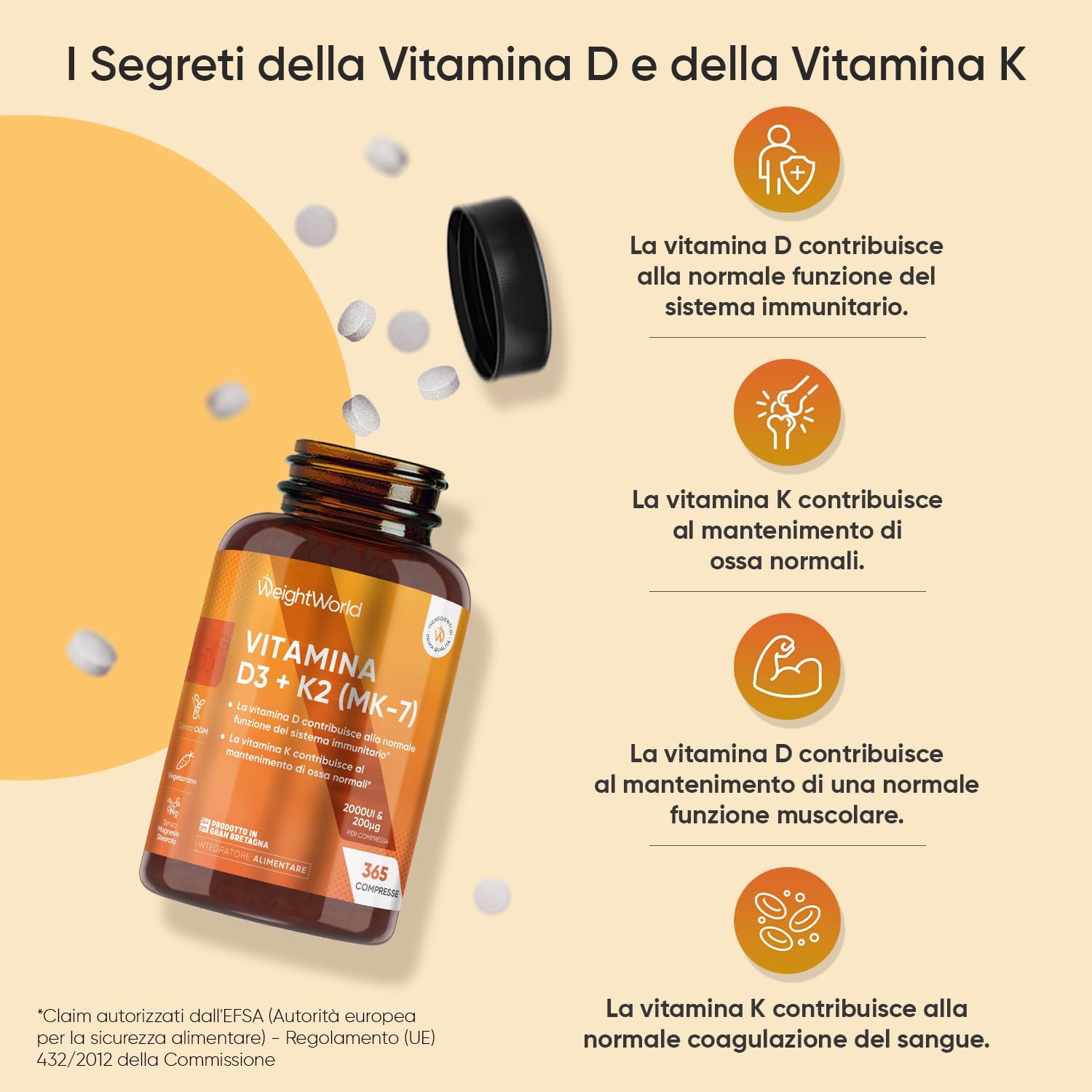 Thumbnail 2 de Vitamina D3 + K2 WeightWorld: 1 compressa al giorno, 365 compresse, 2000 UI D3 e MK-7 200 μg per un anno di supporto osseo