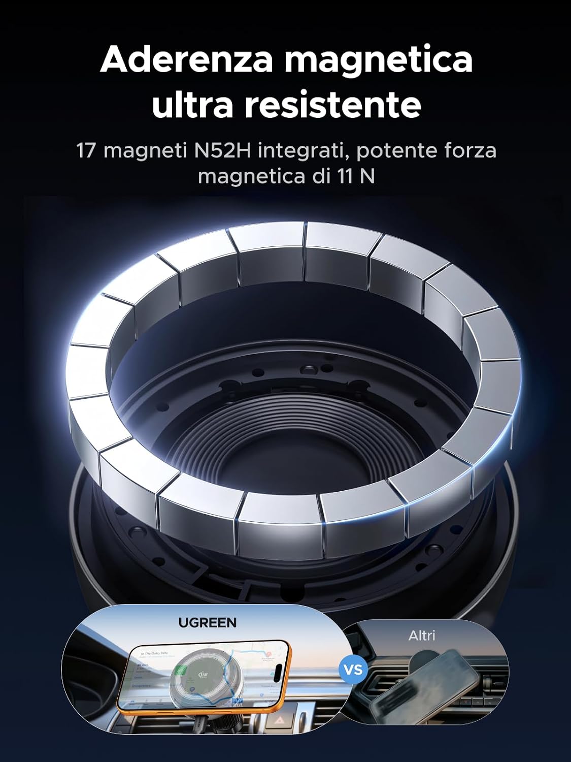 Thumbnail 5 de UGREEN MagFlow Pro Qi2 25W: Caricabatterie Wireless MagSafe per Auto con Raffreddamento TEC e Montaggio a Bocchetta