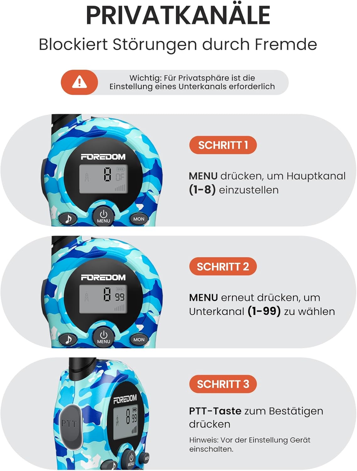 Detalle 2 de FOREDOM Walkie Talkies Kinder 3 km Reichweite đĄ