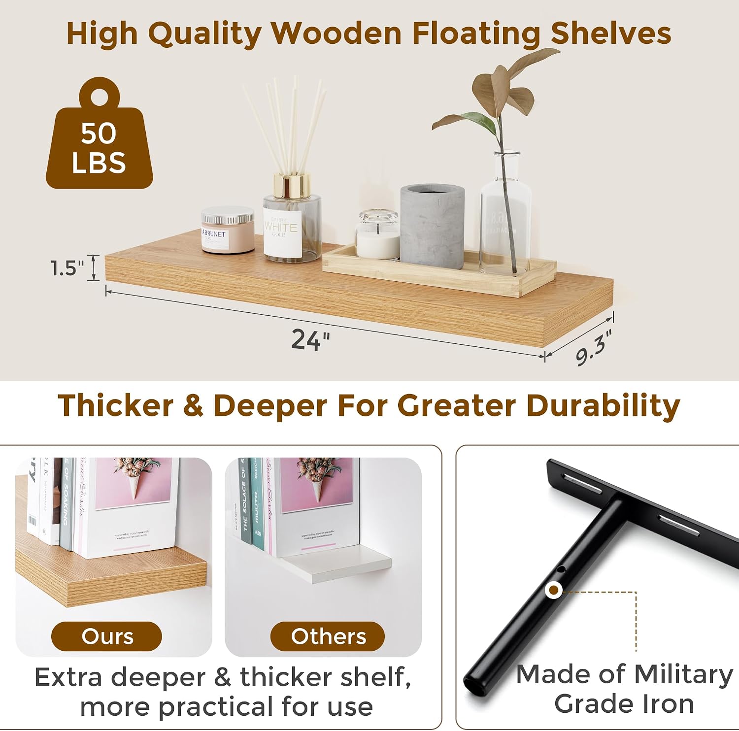 Detalle de Heimlove Floating Shelves for Wall, 9.3-Inch-Deep Oak Shelves, Set of 2