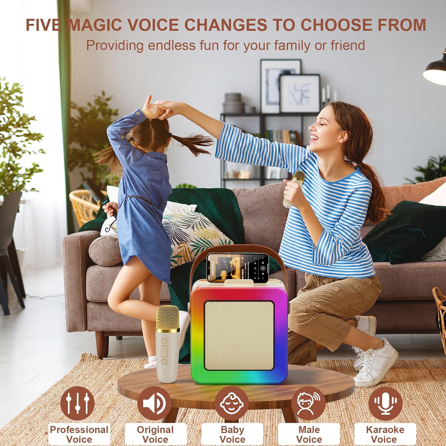 Detalle de JAUYXIAN D55-T Mini Karaoke Machine with Bluetooth, 2 Wireless Microphones and Lights