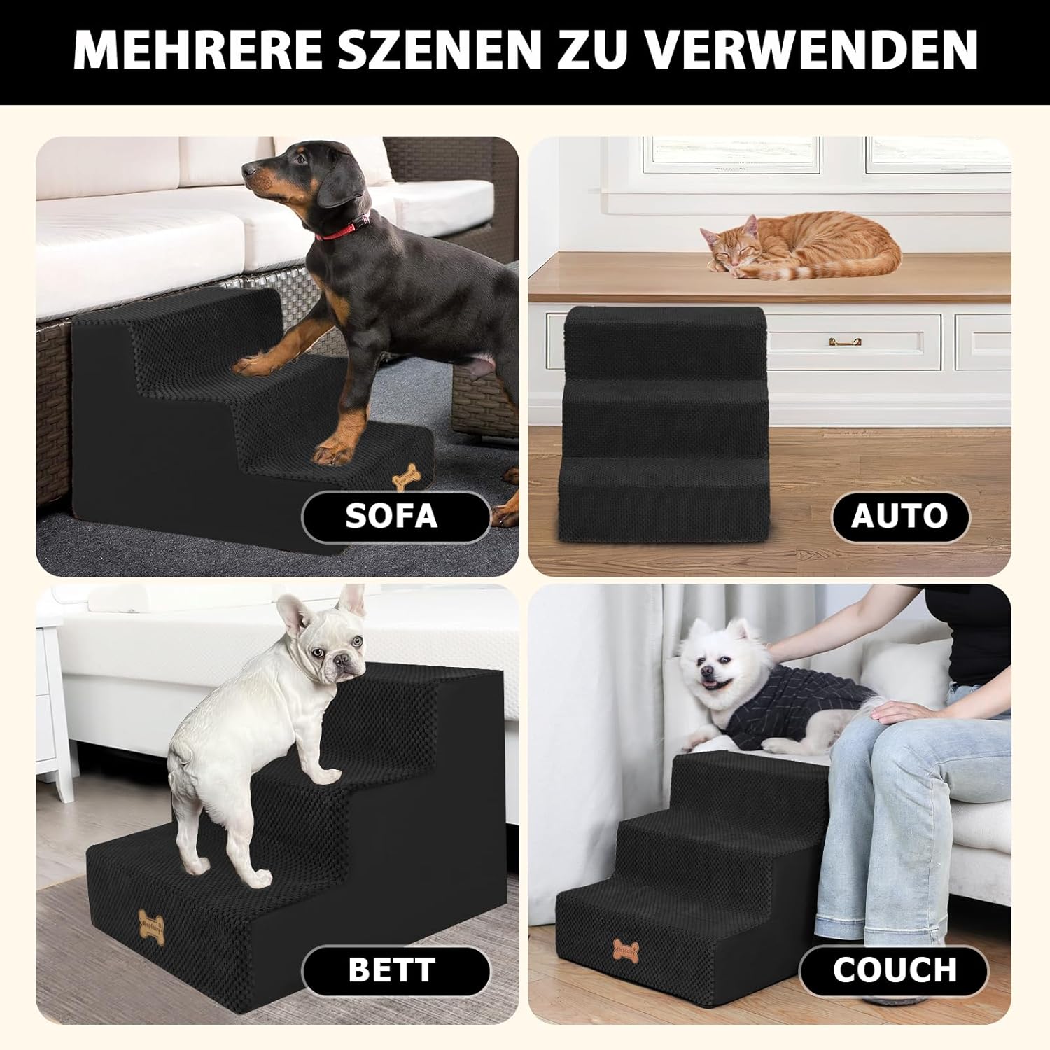 Thumbnail 5 de Nepfaivy Hundetreppe 3-stufig für kleine Hunde (45x40x34 cm) mit abnehmbarem, waschbarem Bezug und rutschfester Basis