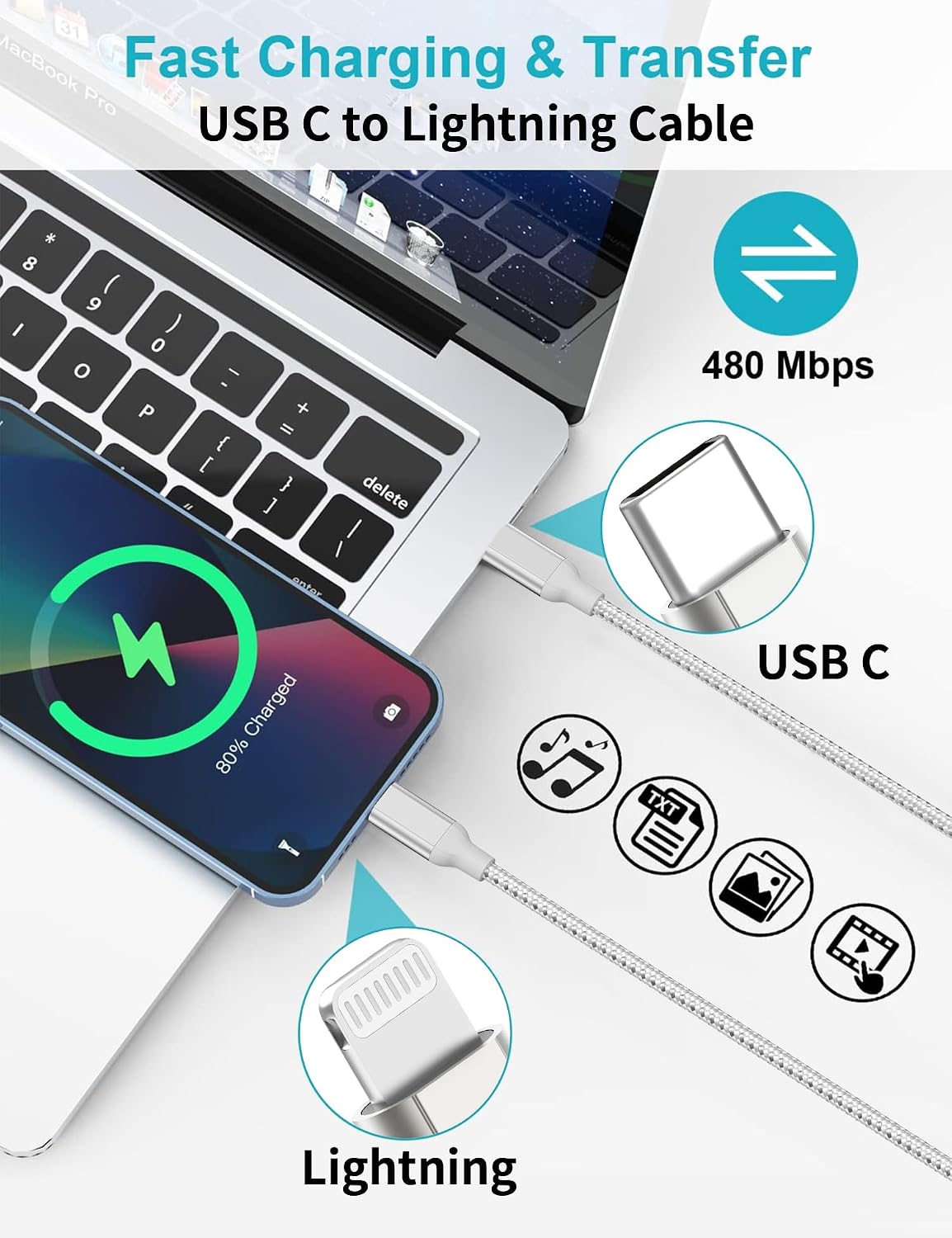 Detalle de Acecene USB‑C auf Lightning Kabel 1 m (2er‑Set) mit MFi & Power Delivery, silber