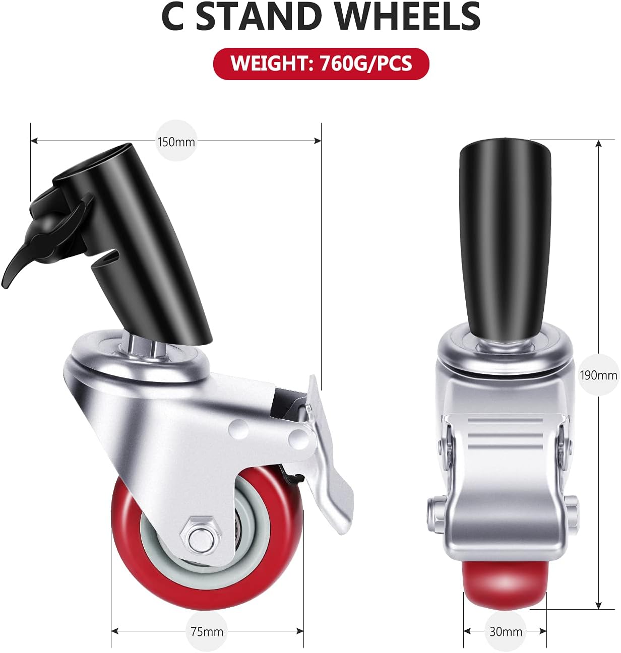 Thumbnail 6 de NEEWER 3 x 75mm swivel caster wheels for C-stand (black)