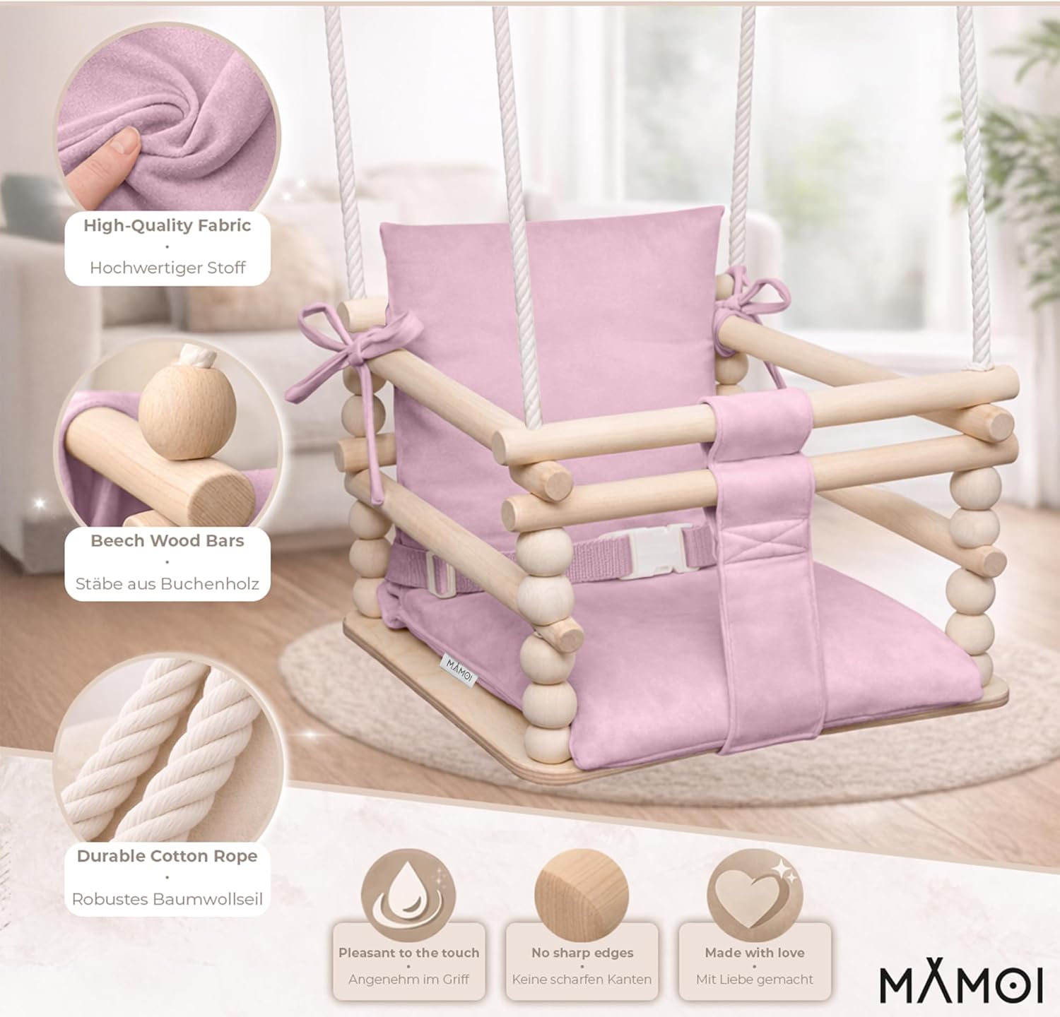Detalle de MAMOI 3-in-1 Kinderschaukel mit Sicherheitsgurt – höhenverstellbar, Indoor‑Montage, stabile Konstruktion