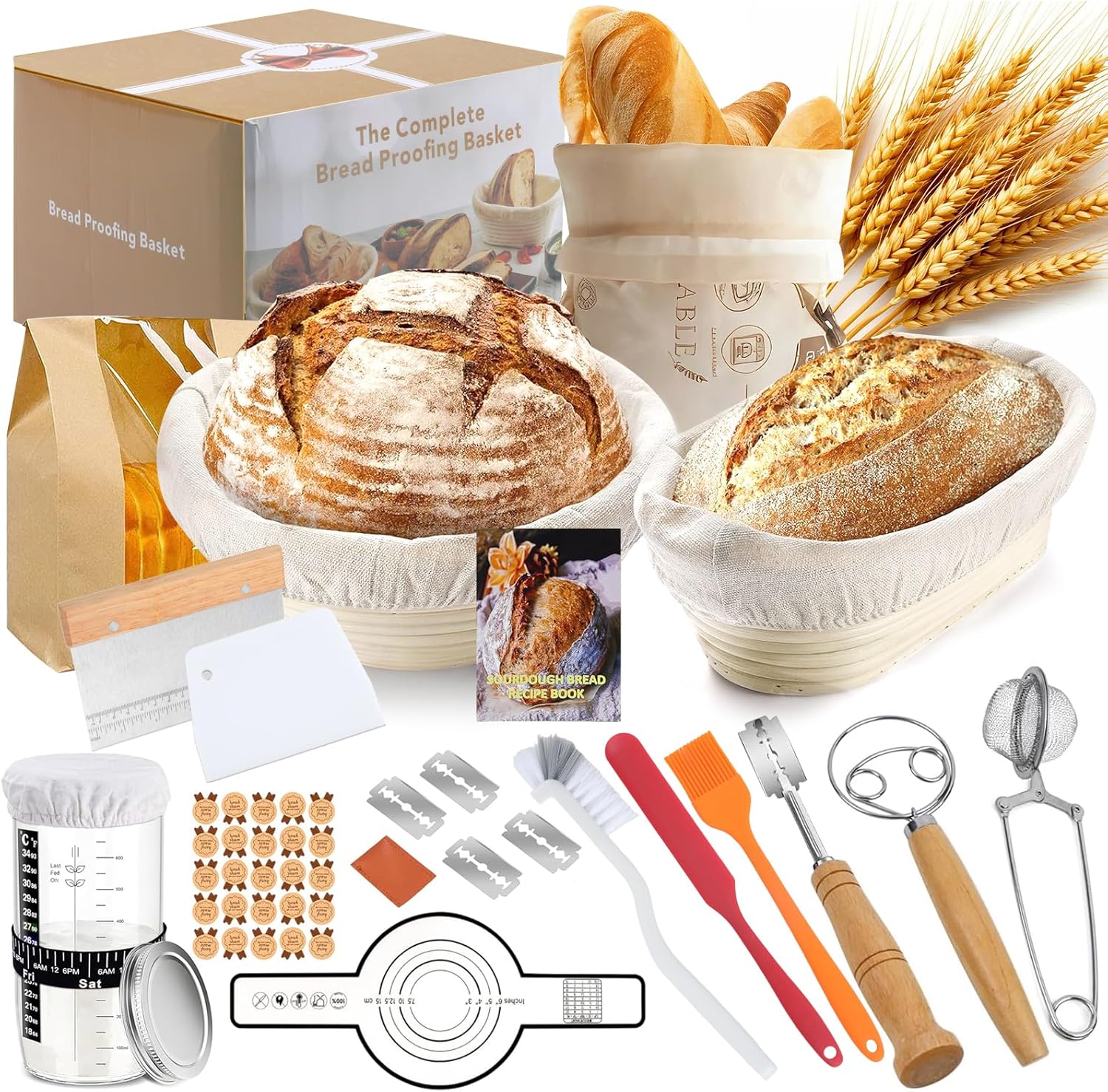 Detalle de GEEKHOM Sauerteig Starter Set mit 2 Gärkörben – Komplettes 14-teiliges Backzubehör für Anfänger