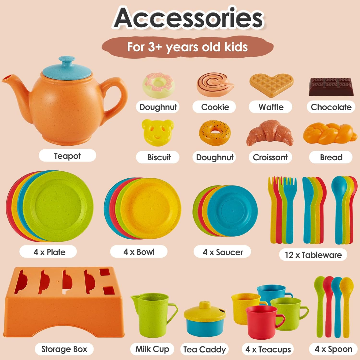 Detalle de Buyger Play Kitchen Accessories Tea Party Set with Dishes, Plates, and Utensils (Ages 3+)