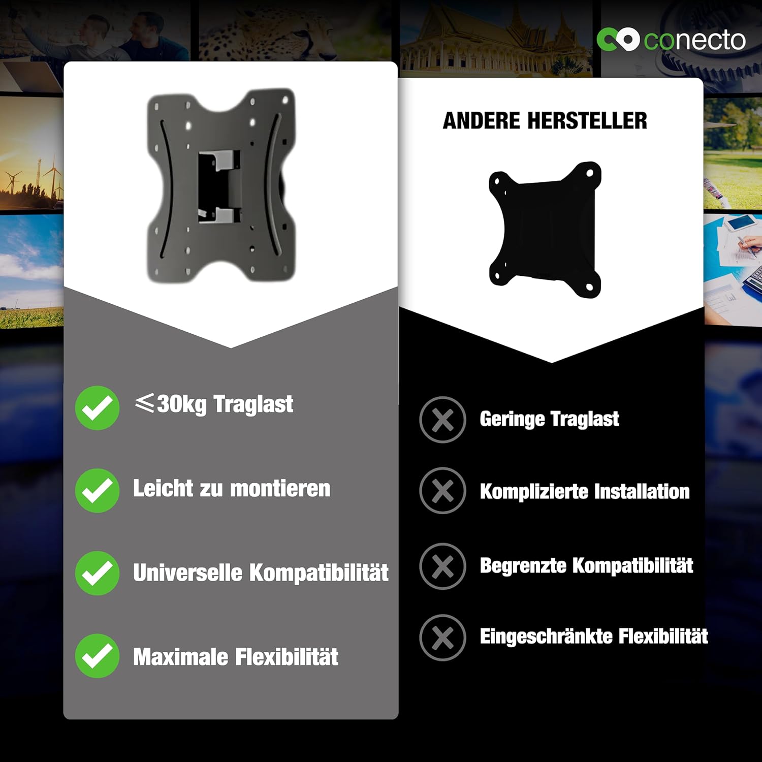 Thumbnail 4 de Support mural TV connecto universel inclinable et pivotant (VESA jusqu’à 200x200 mm), noir, 23–42 pouces