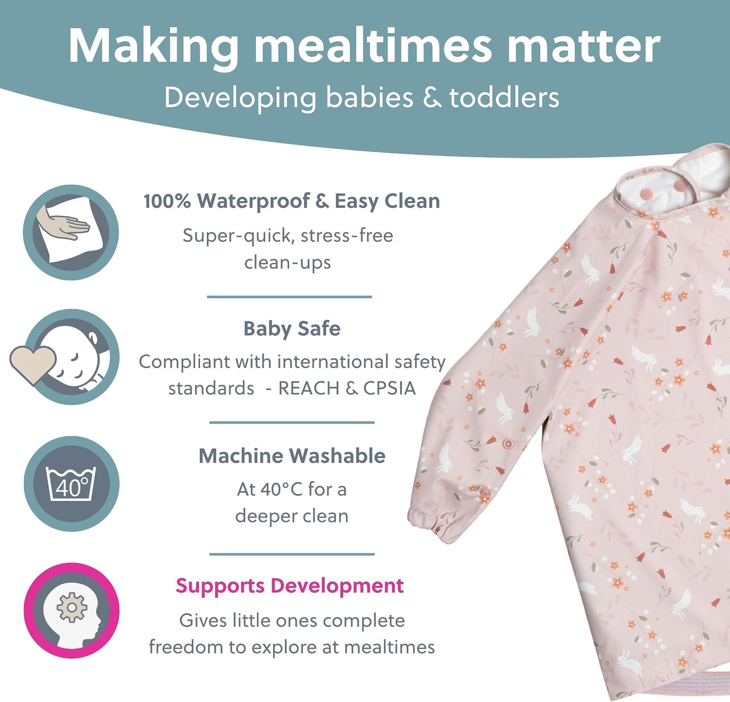 Detalle de BIBaDO Long Sleeve Baby Bibs — Full-coverage Weaning Bib for 6–36 Months