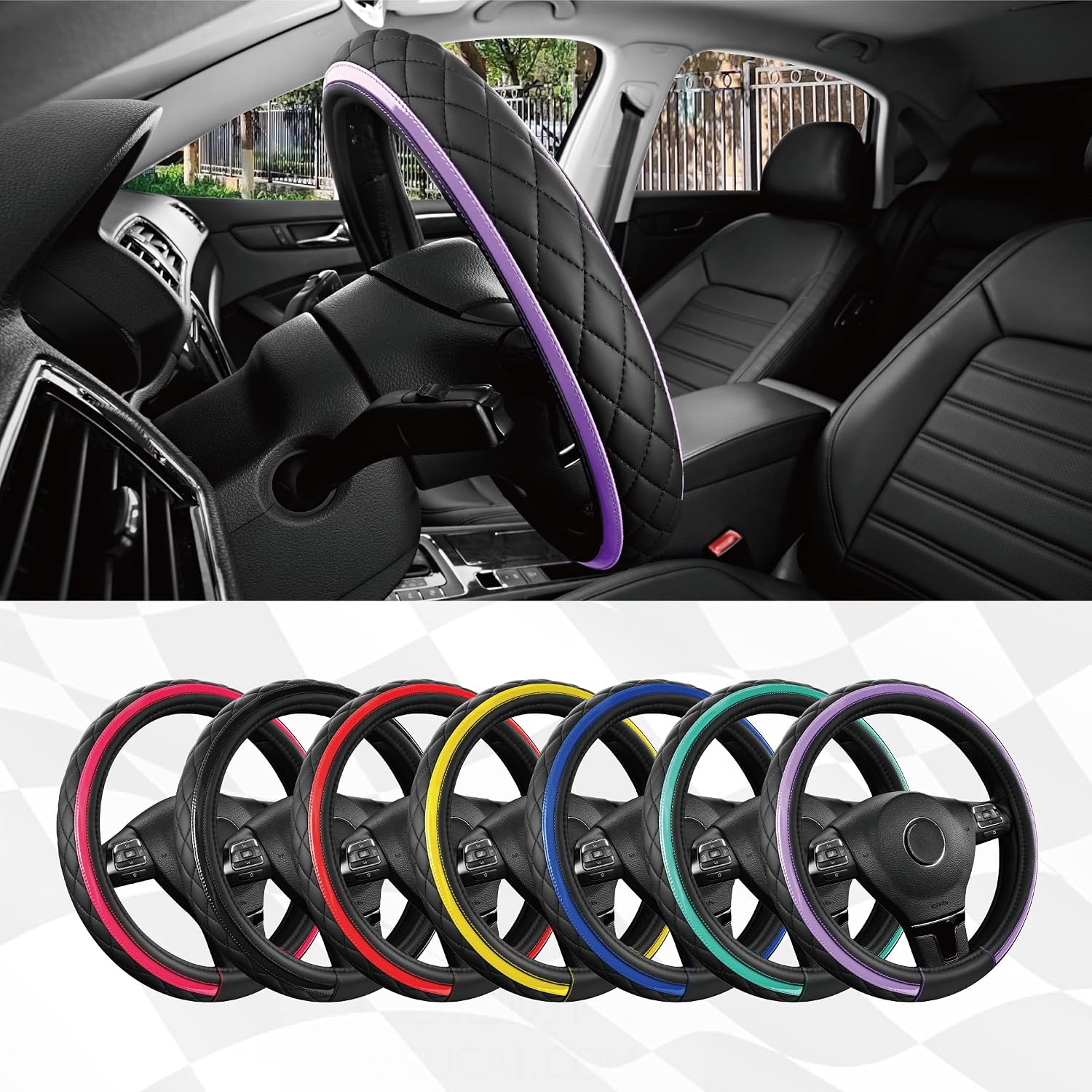 Thumbnail 4 de Road Comforts Leather Steering Wheel Cover – Black & Purple (14.5–15 Inch Universal Fit)