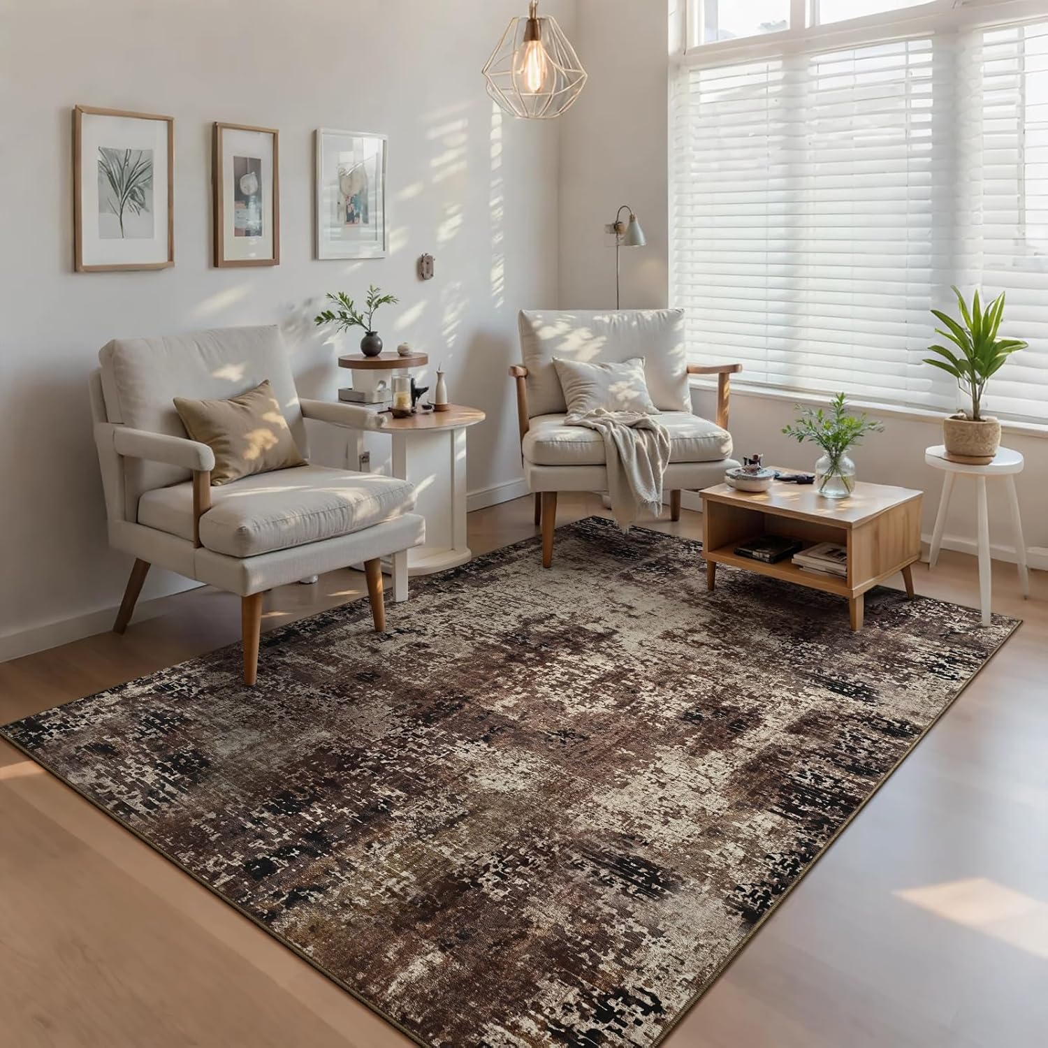 Detalle 2 de Ompaa 5x7 Brown Living Room Rug | Machine Washable Boho Non-Slip Area Rug