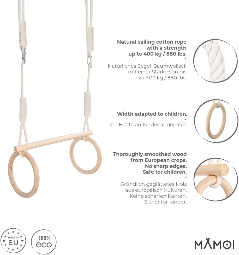 Detalle de MAMOI Trapez Schaukel – Holzturnringe, 2-in-1 Indoor/Outdoor, verstellbares Trapez und Holzanleitung