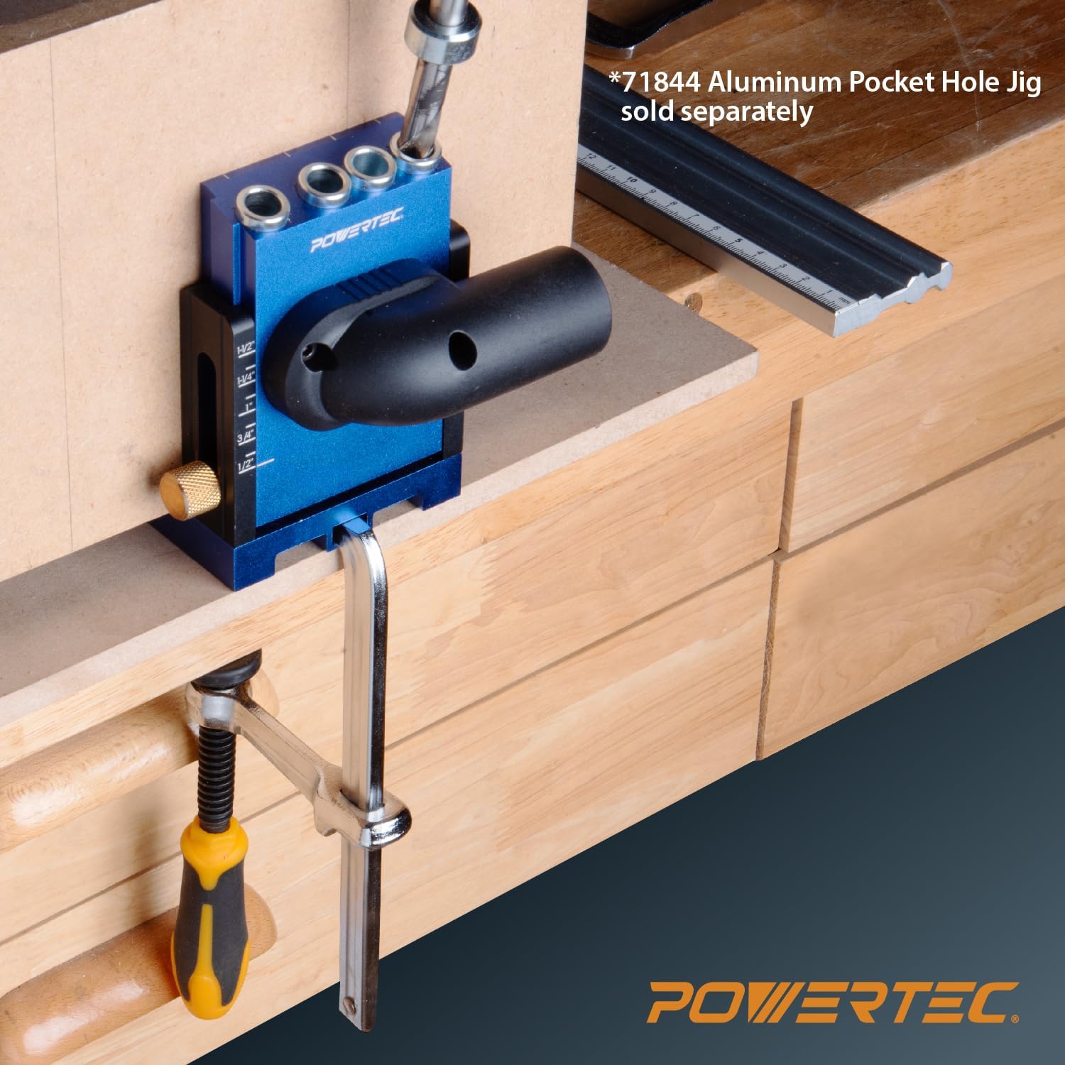 Detalle de POWERTEC 71410 – zaciski śrubowe do szyn prowadzących, 2 szt., siła 181 kg
