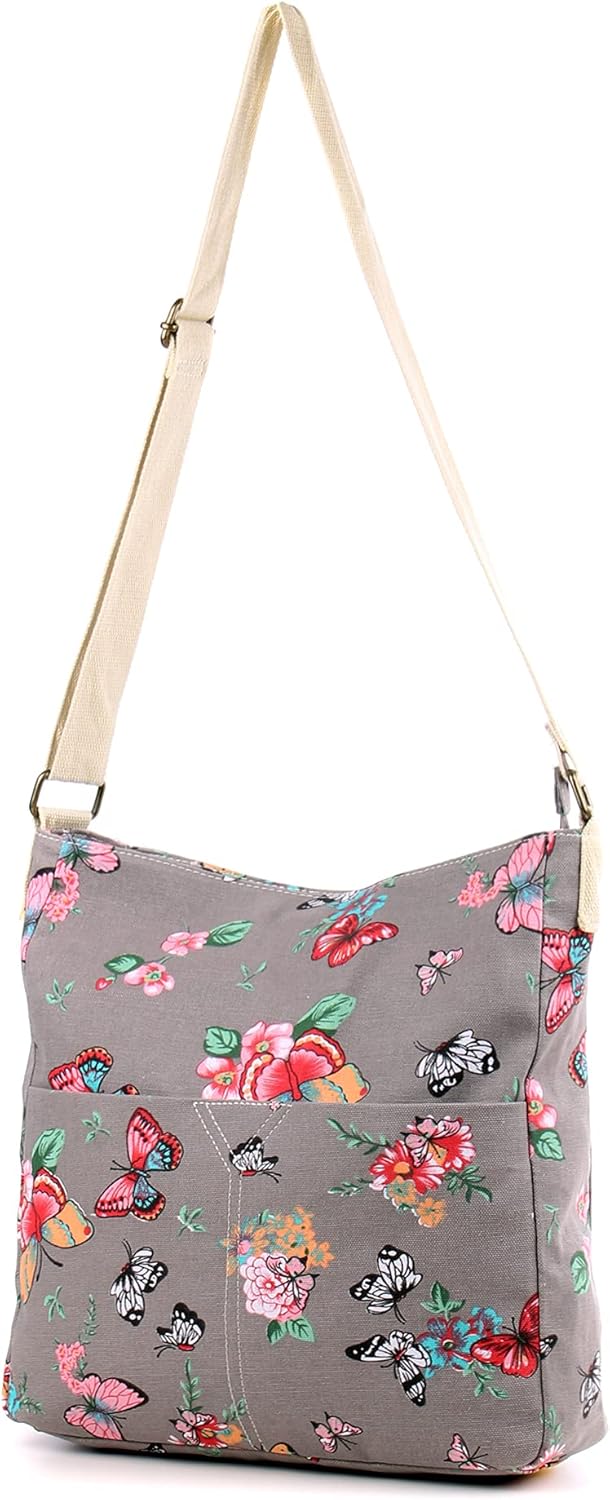 Detalle de Wedmay Women's Cross Body Bag: Flower, Butterfly & Owl Print Large Canvas Messenger