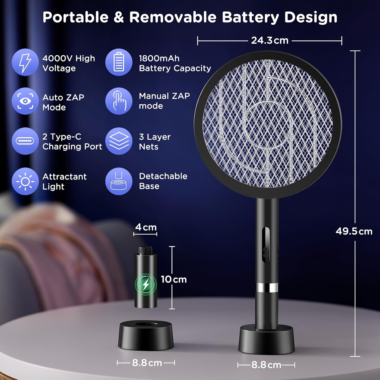 Detalle de BKXCHA 2 in 1 Elektrische Fliegenklatsche – 4000V, USB-Akku, LED-Lichtfalle