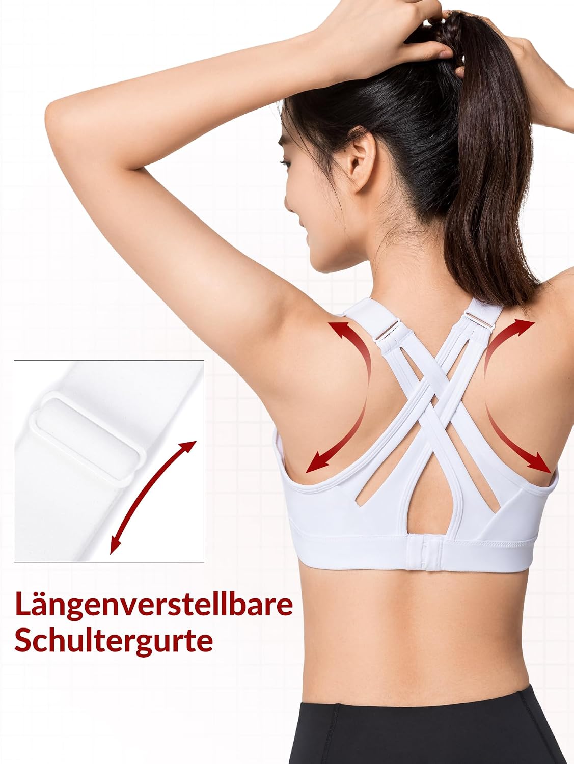 Detalle de Yvette Sport BH mit starkem Halt, verstellbaren & gekreuzten Trägern – für Fitness, Lauf, Yoga, große Größen